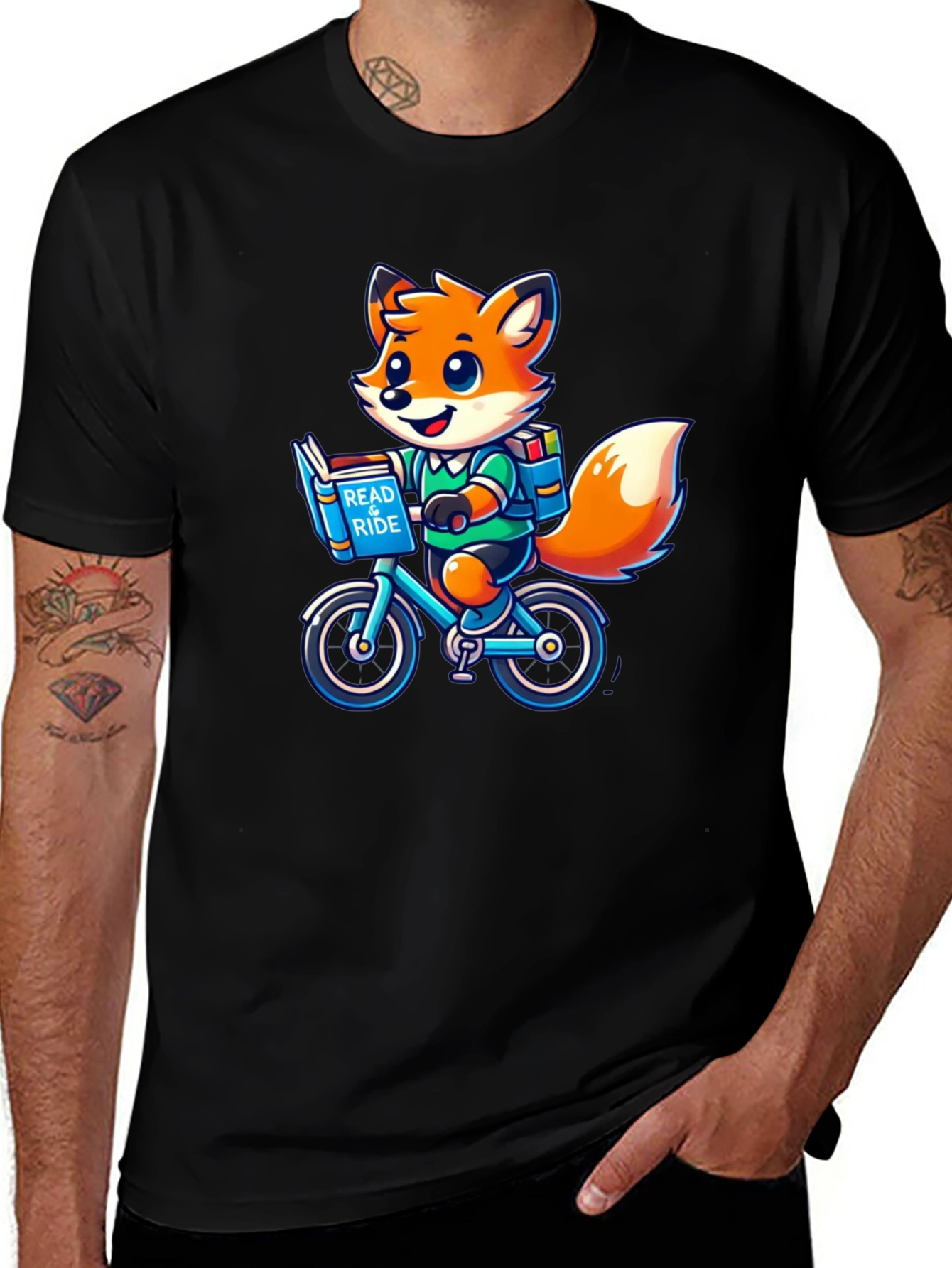Variant 21 of Cartoon Fox Reading on Bicycle T-Shirt