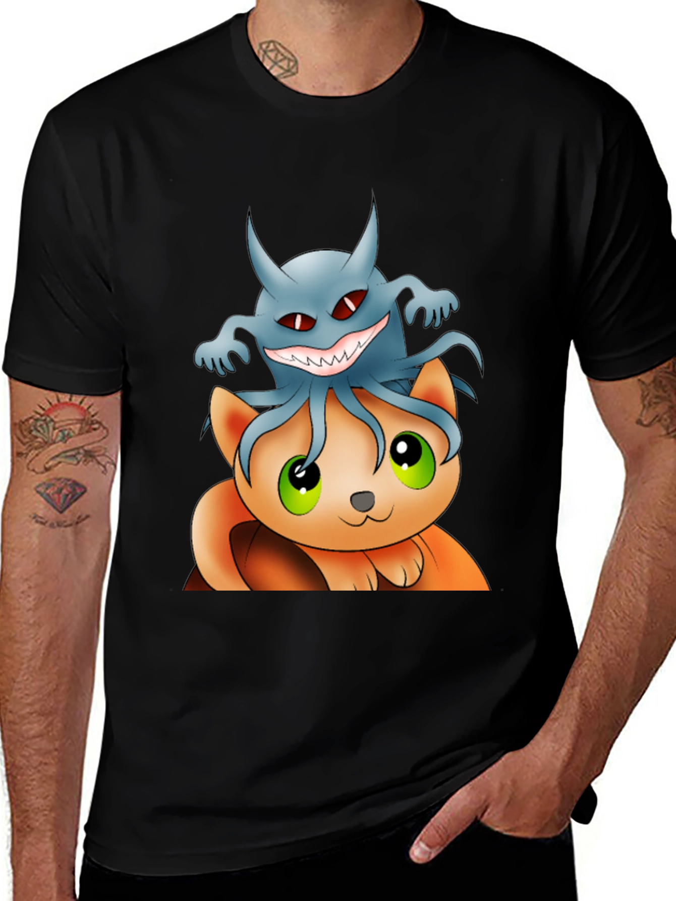 Variant 21 of Cat and Ghost Cartoon Black T-Shirt