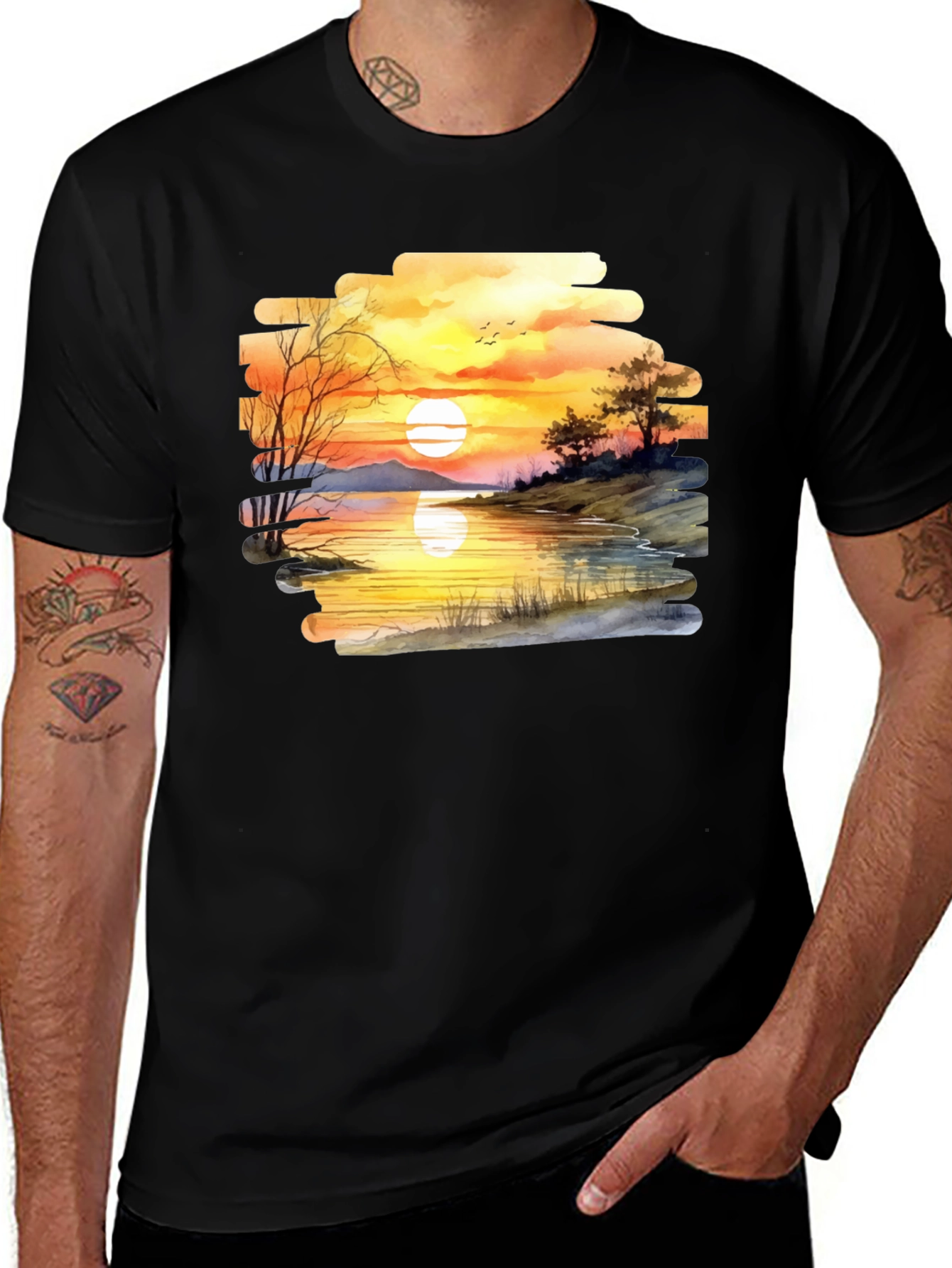 Variant 3 of Sunset Lake Graphic Tee - Men's Black Cotton T-Shirt