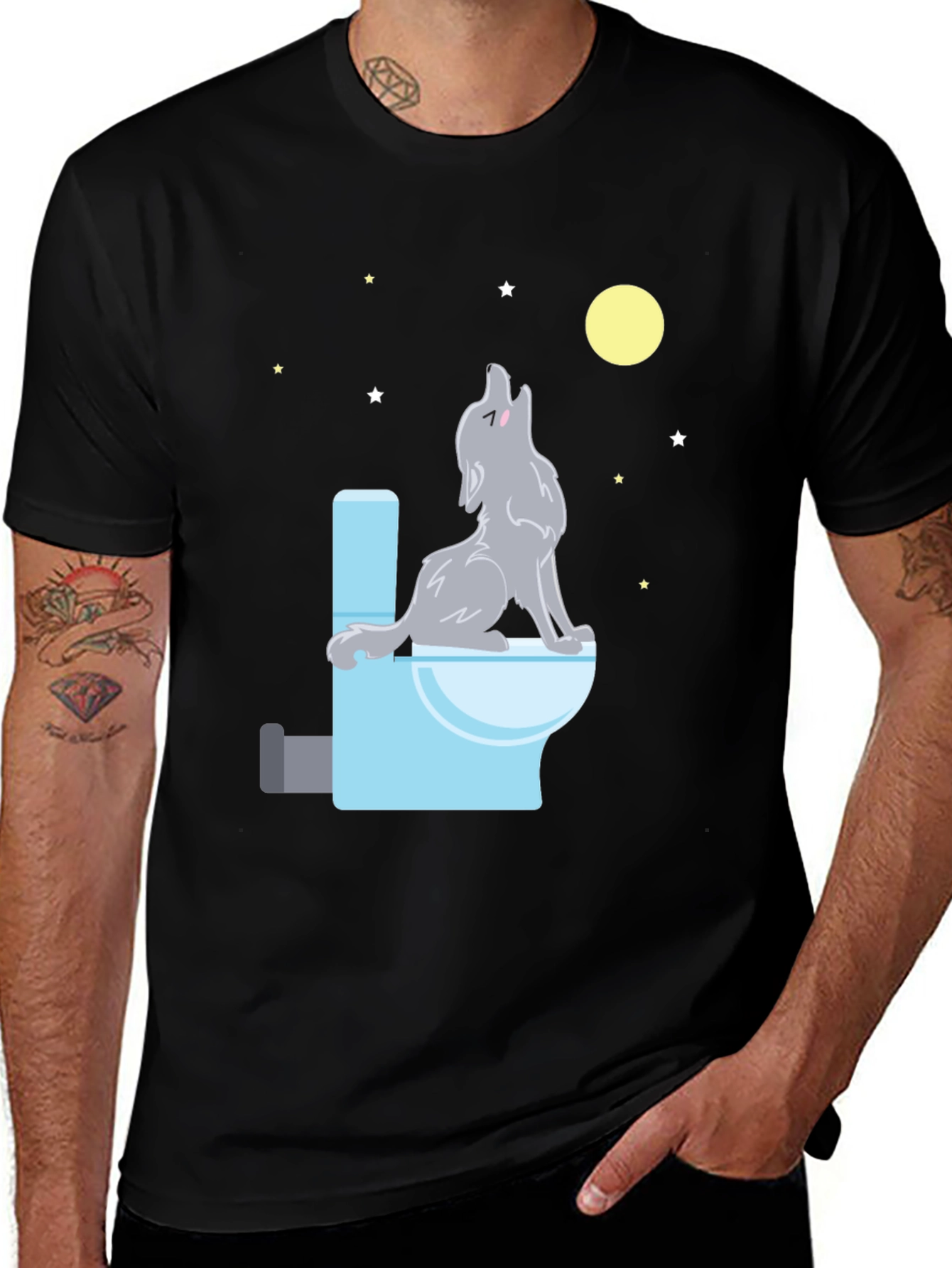 Variant 14 of Humorous Wolf on Toilet Graphic Tee - Black