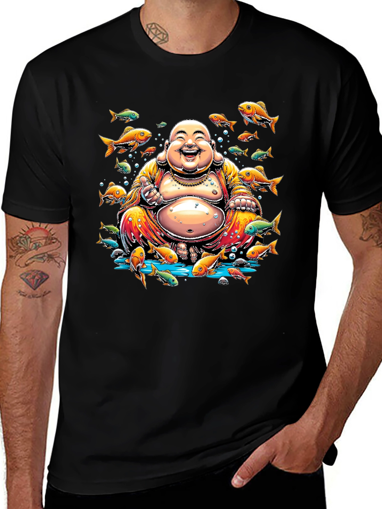 Laughing Buddha Fish Graphic Black T-Shirt