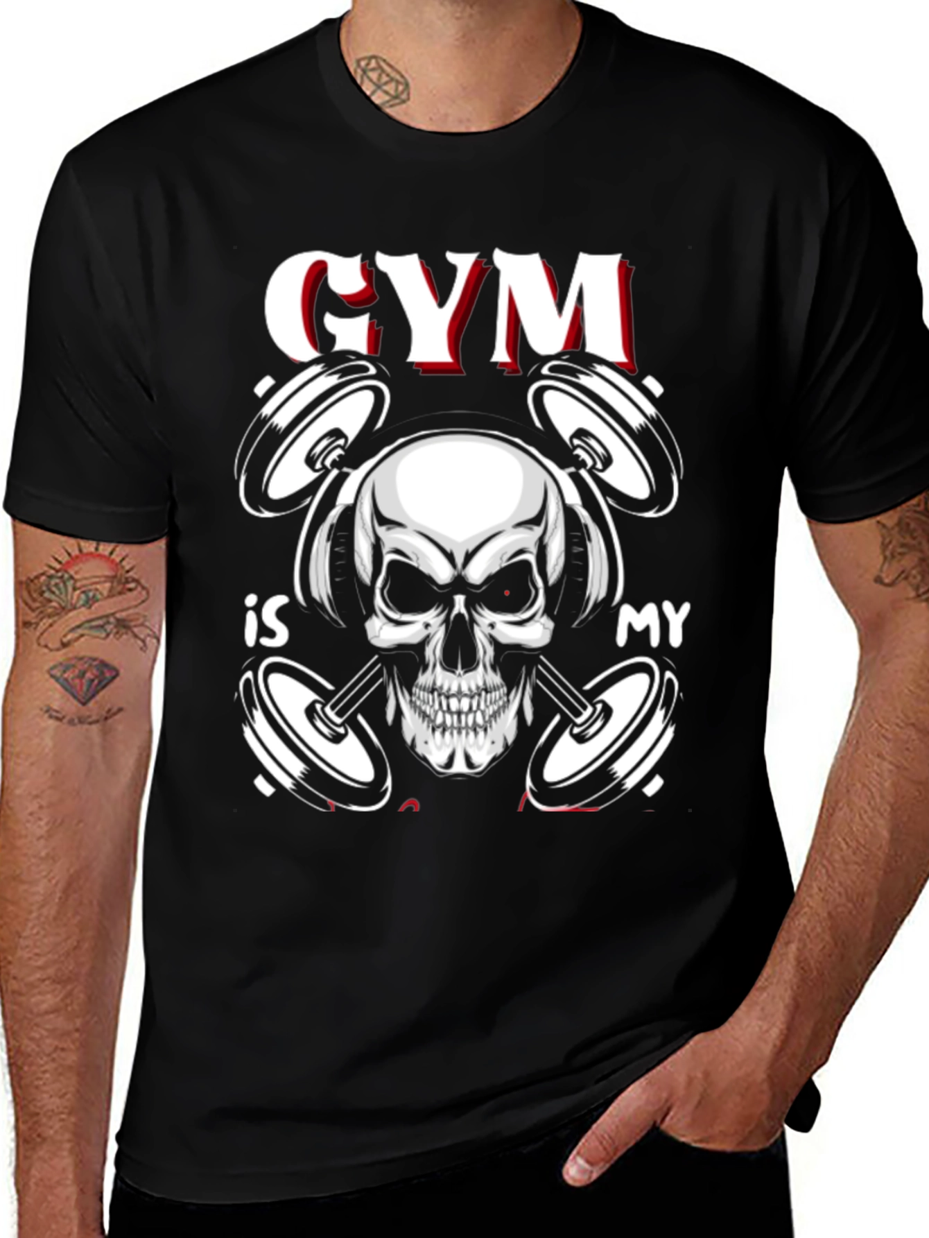 Variant 25 of Gym is My Life Skull & Dumbbell Graphic T-Shirt