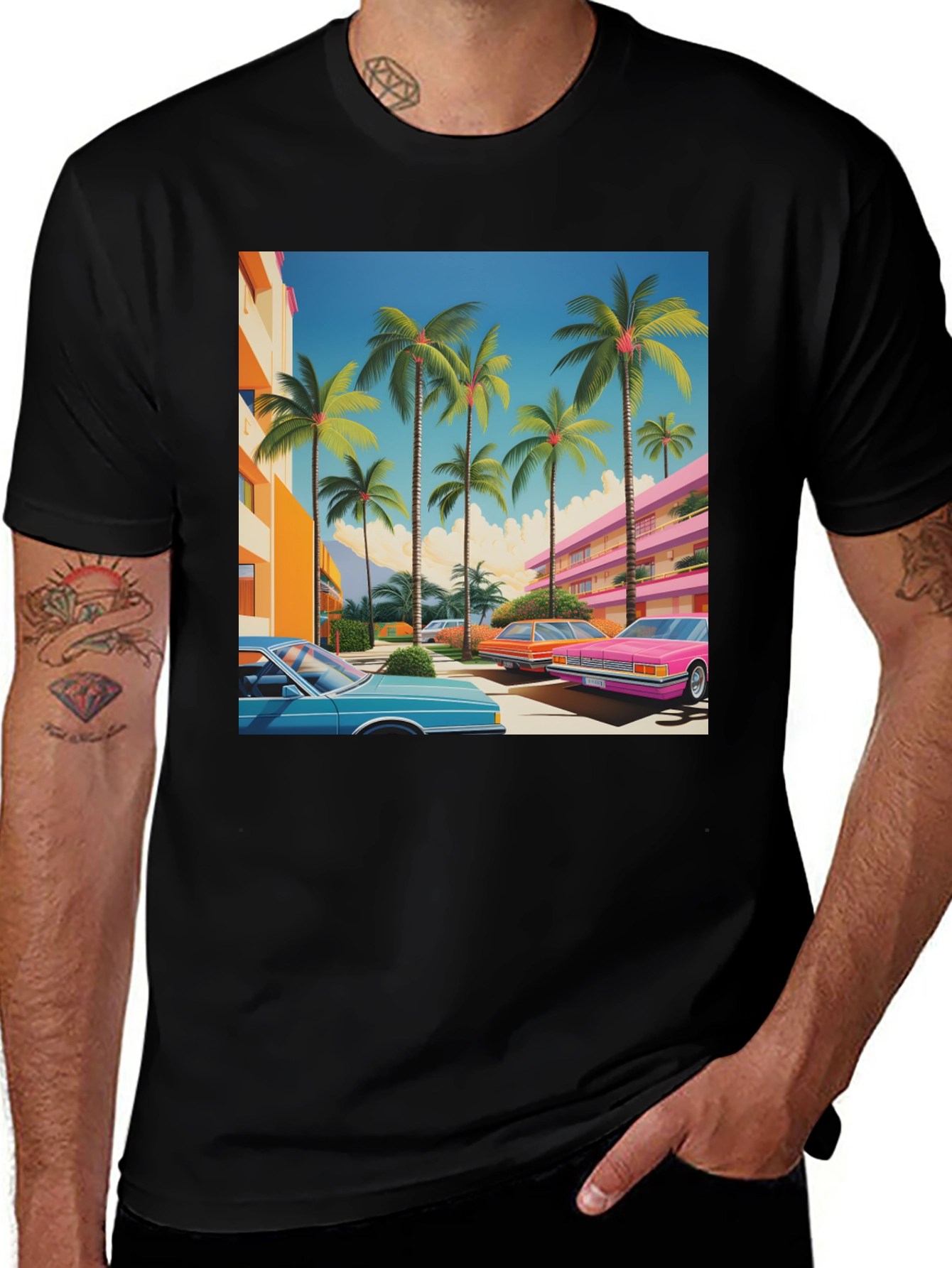 Variant 24 of Retro Miami Palm Tree Cars T-Shirt