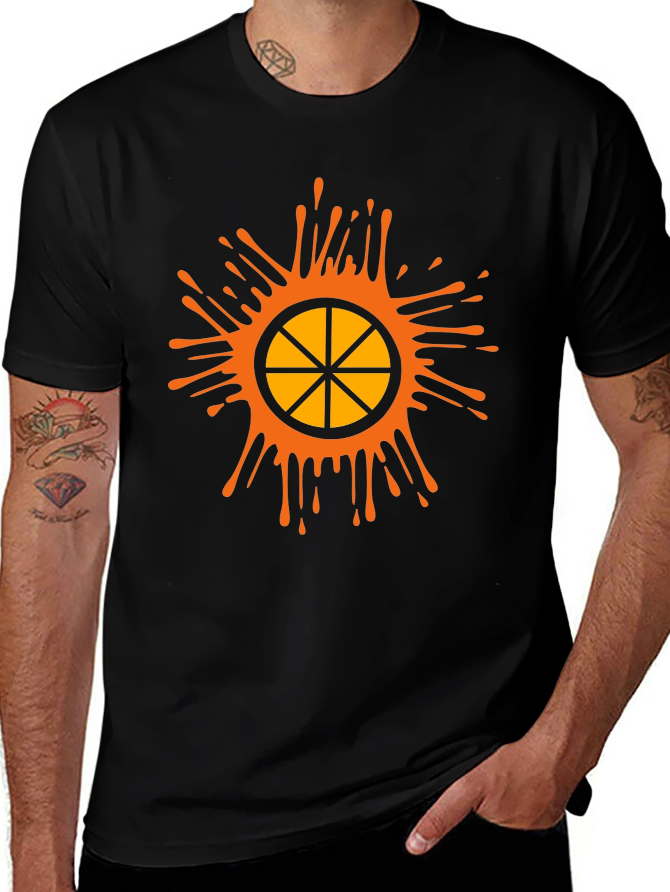 Orange Splatter Wheel Graphic Black T-Shirt