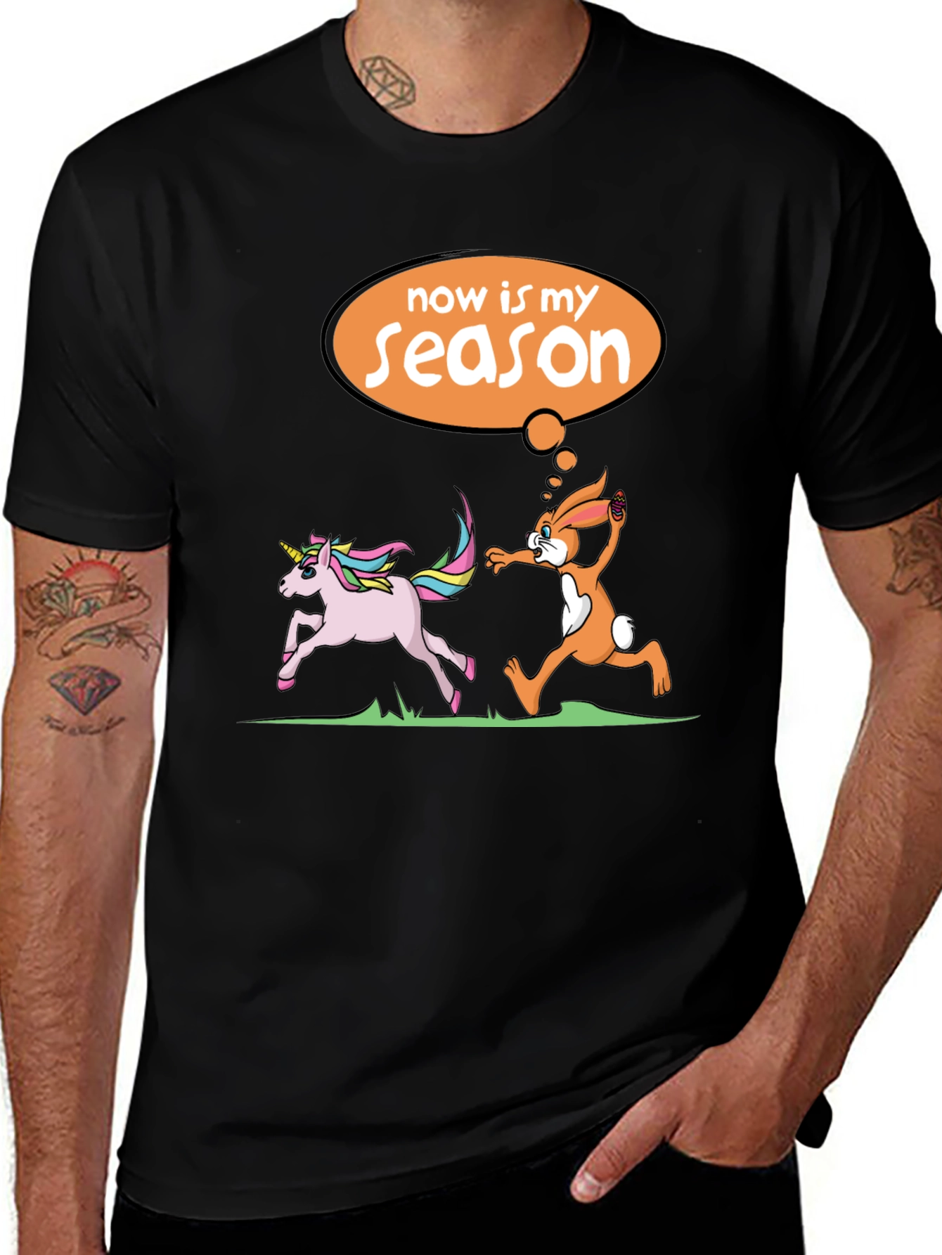 Variant 11 of Funny Now Is My Season Easter Bunny Chasing Unicorn Black T-Shirt
