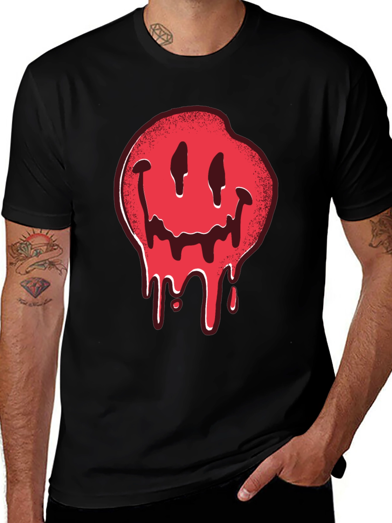 Variant 17 of Melting Smiley Face Graphic Tee - Black Cotton T-Shirt