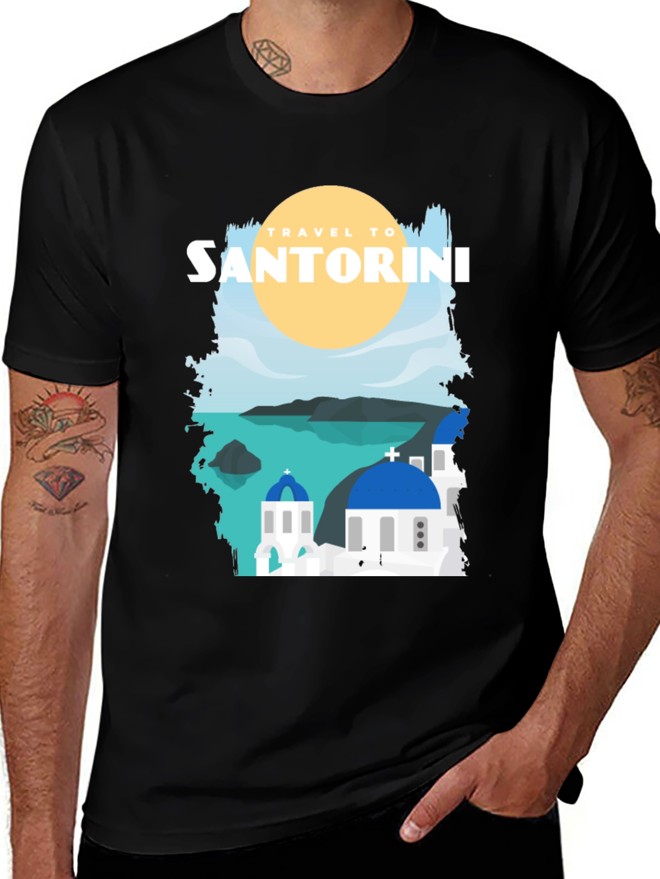 Santorini Travel Graphic Tee - Black Cotton T-Shirt