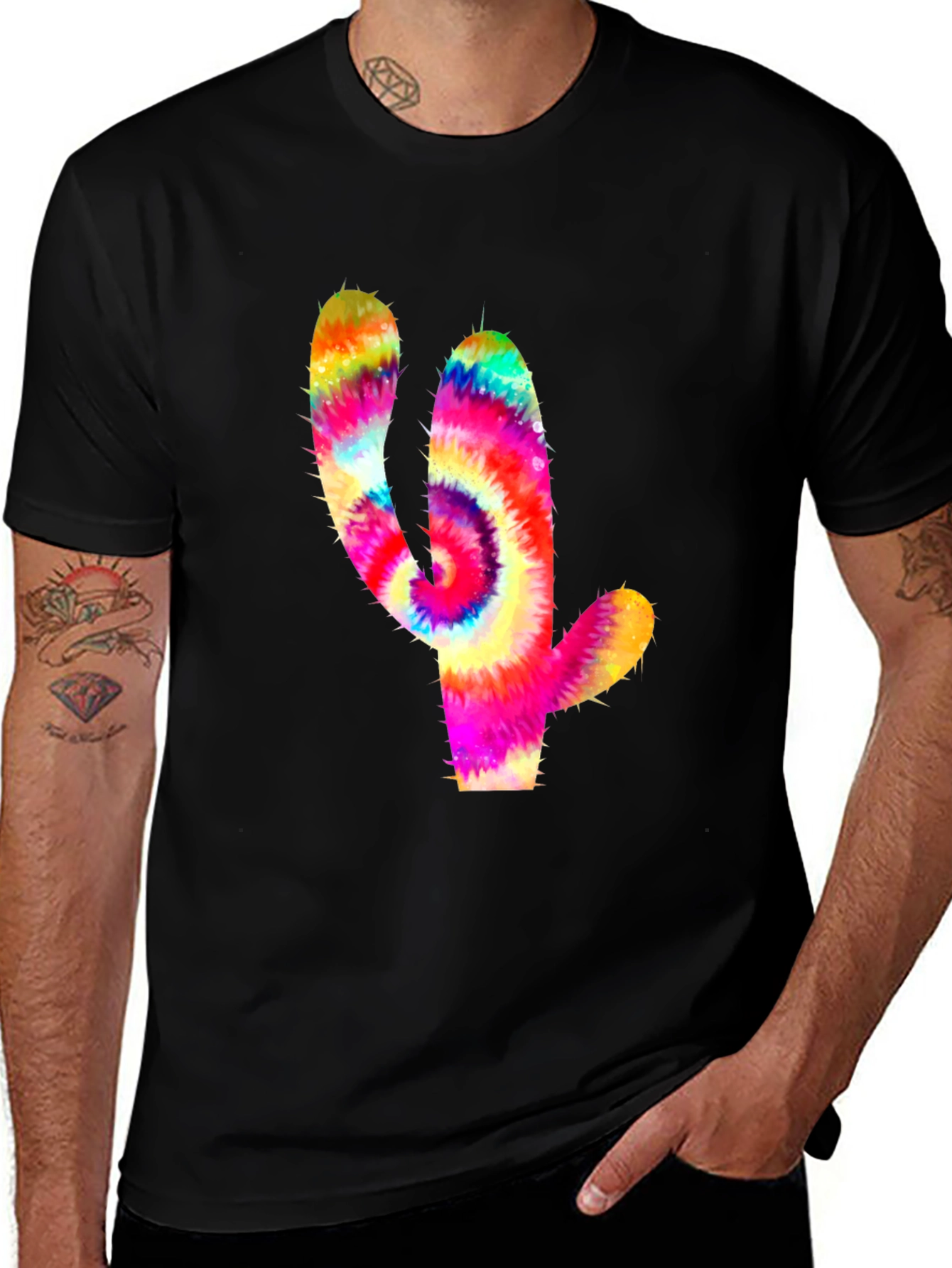 Variant 23 of Tie-Dye Cactus Graphic Tee - Men's Black T-Shirt