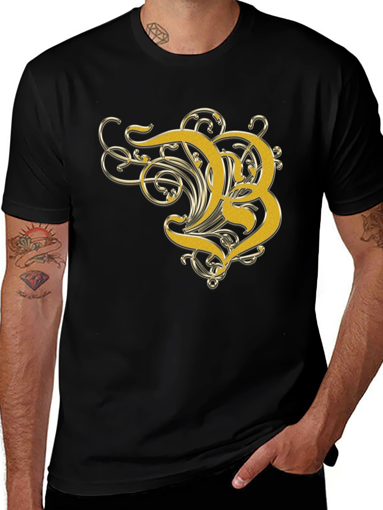 Variant 12 of Golden Letter B Graphic Black T-Shirt