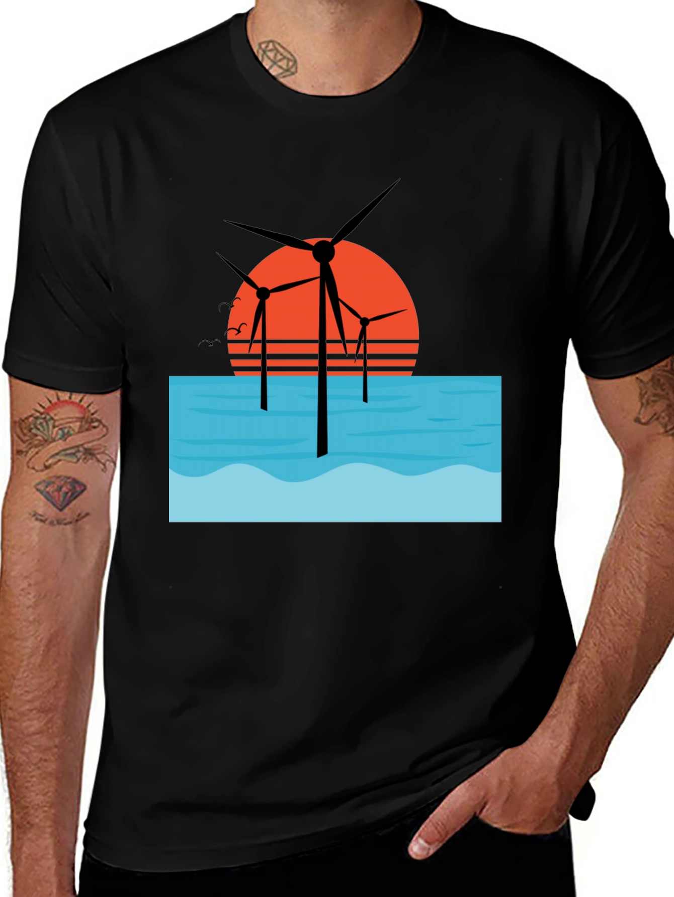 Variant 24 of Wind Turbine Sunset Graphic Tee - Black Cotton Blend Shirt