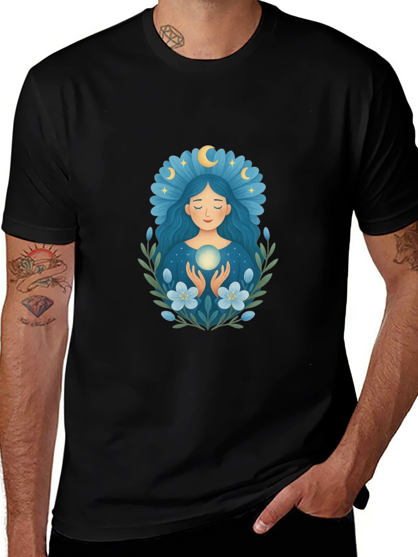 Variant 18 of Mystic Moon Goddess T-Shirt - Black Cotton Tee