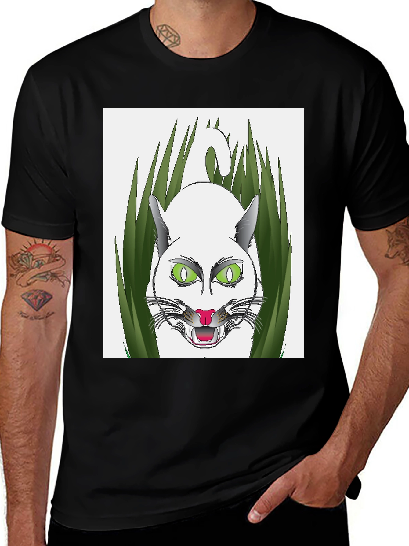 Variant 29 of Men's Black T-Shirt with Cat Design