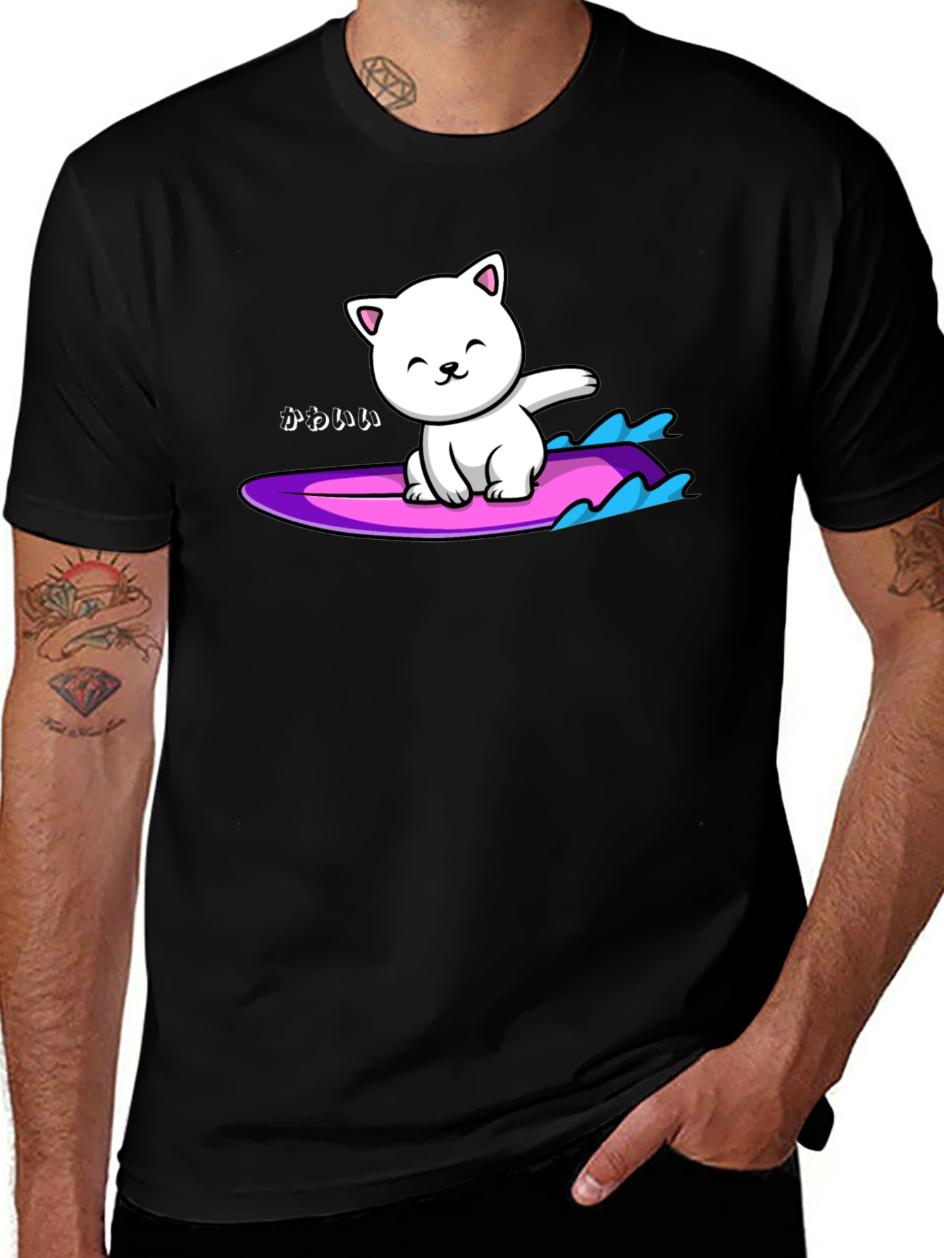 Variant 21 of Kawaii Cat Surfing Graphic Tee - Black