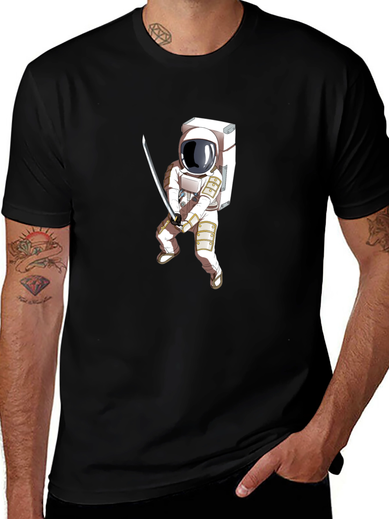 Astronaut Samurai Graphic Tee - Black Cotton T-Shirt