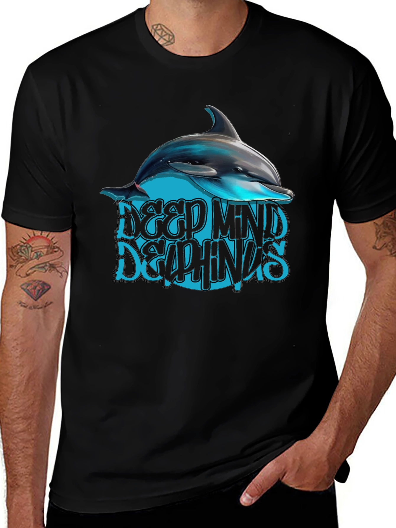 Variant 14 of Deep Mind Dolphins Graphic Tee - Black Cotton T-Shirt