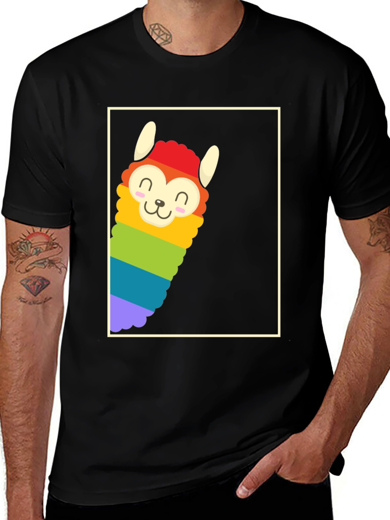 Rainbow Llama Graphic Tee - Black Cotton Comfort