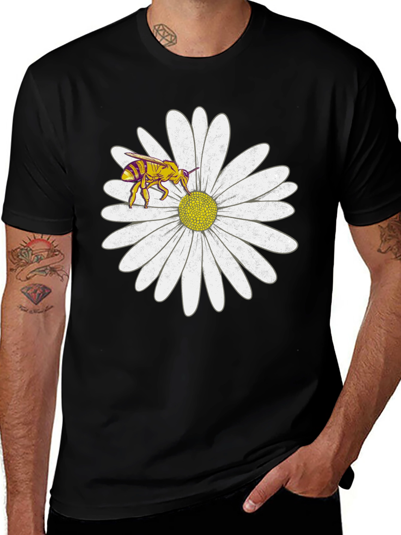 Variant 9 of Bee on Daisy Graphic Tee - Black Cotton T-Shirt