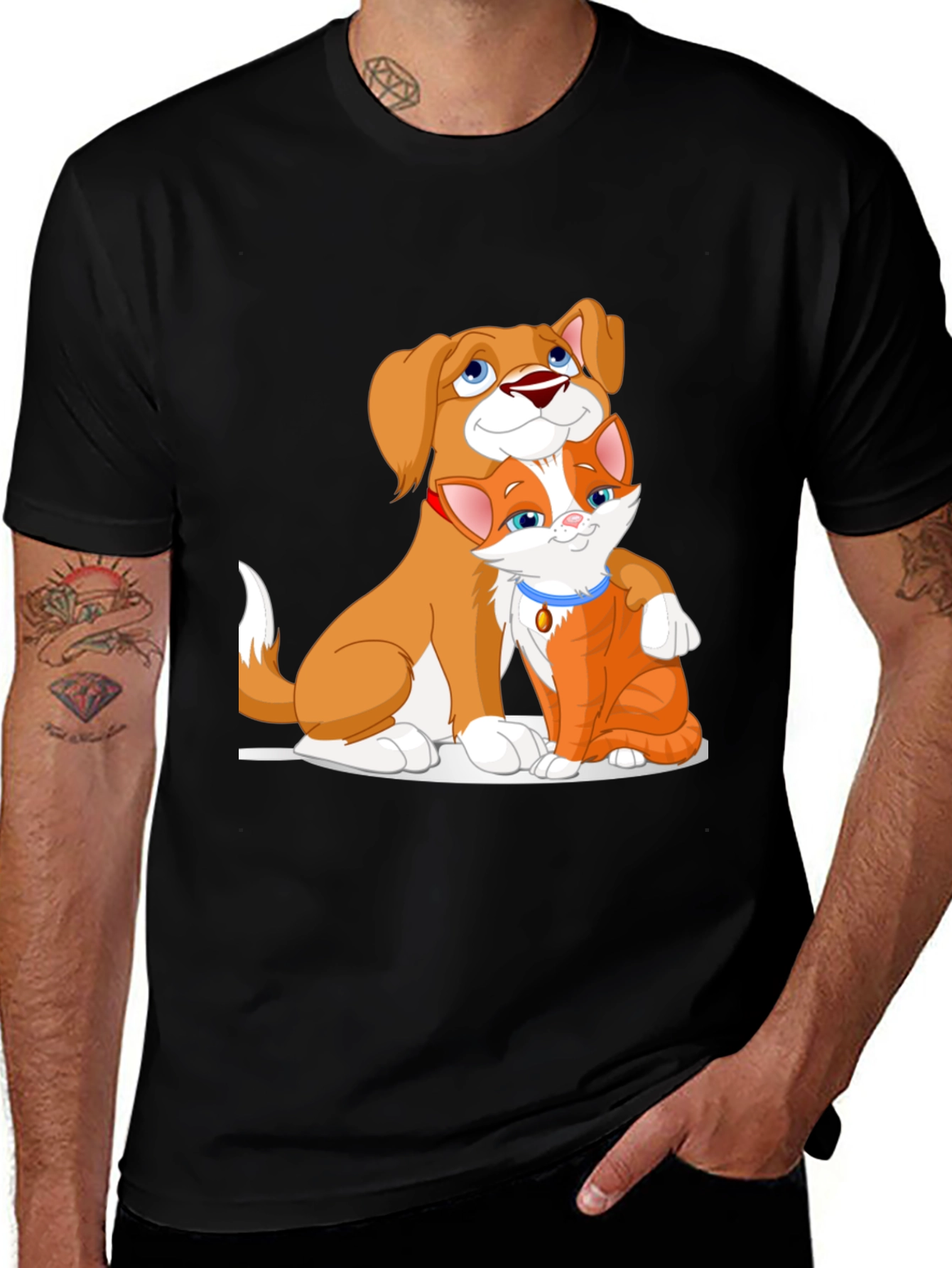 Cute Dog and Cat Cartoon Black T-Shirt