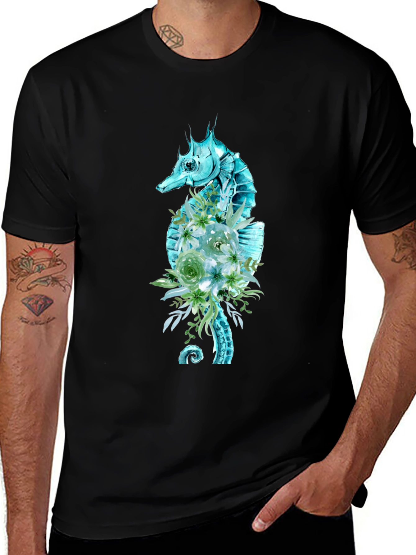 Variant 27 of Floral Seahorse Graphic Tee - Black