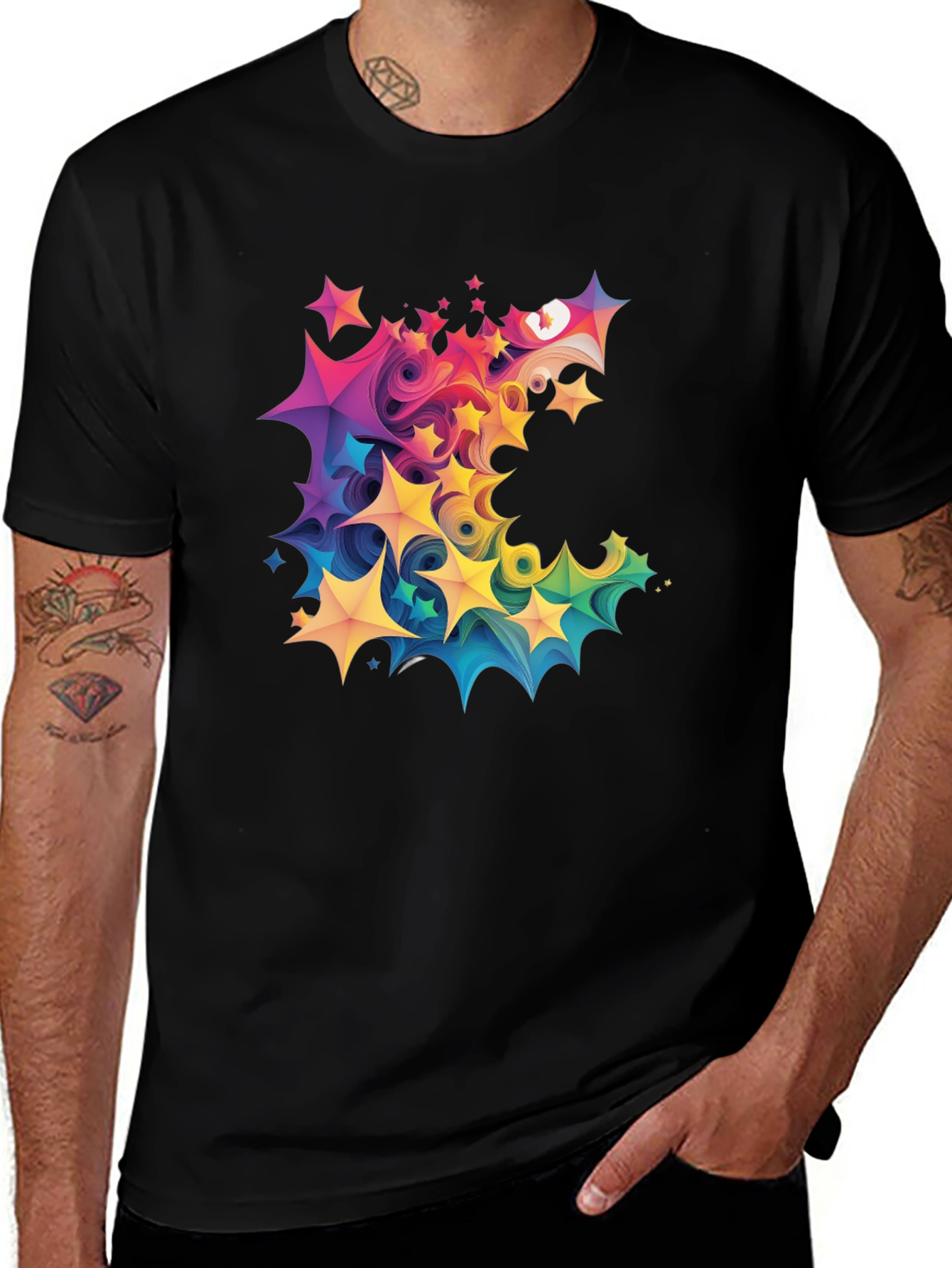 Variant 29 of Men's Black T-Shirt with Colorful Star Design