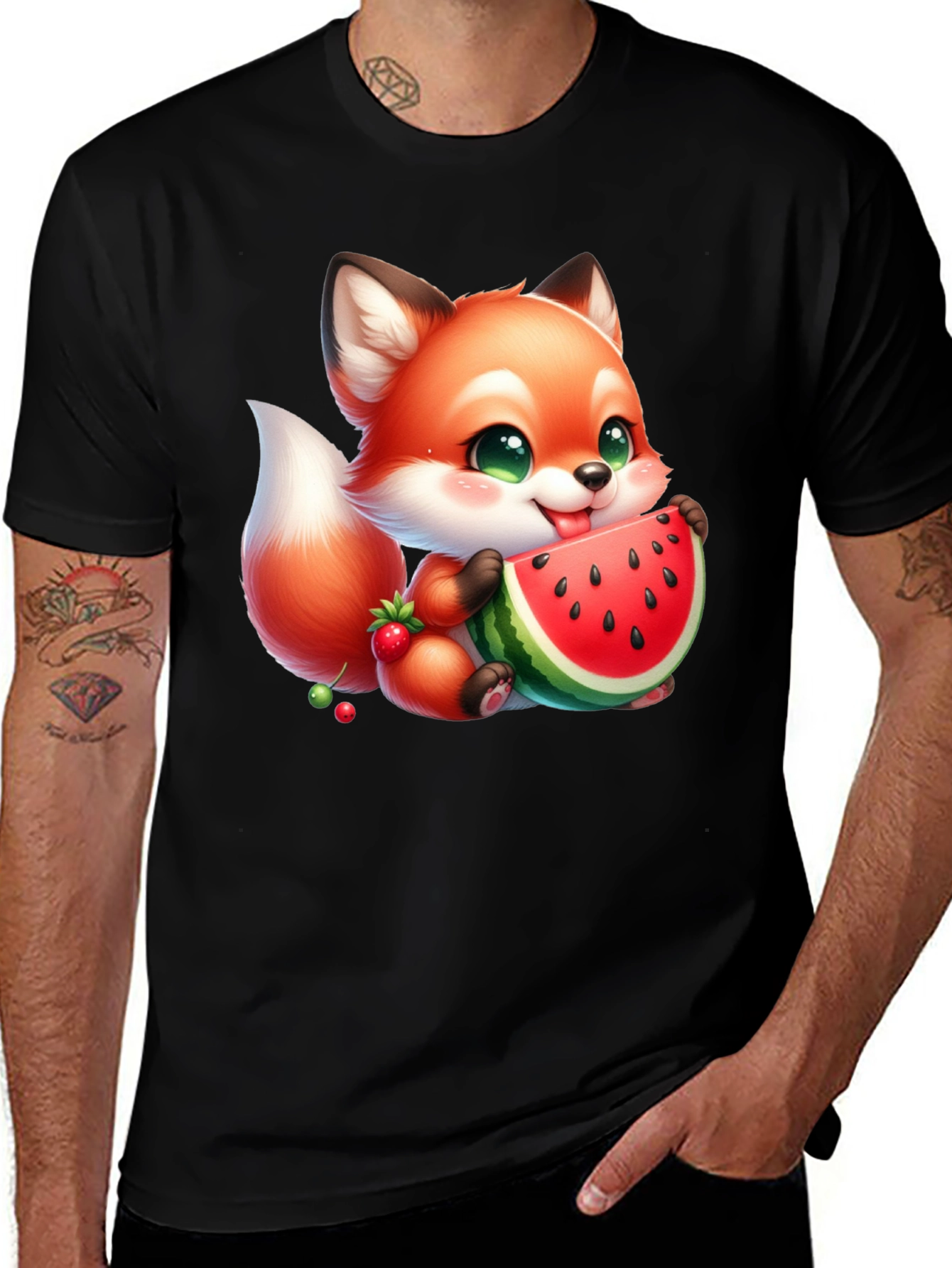 Variant 17 of Cute Cartoon Fox Eating Watermelon Black T-Shirt