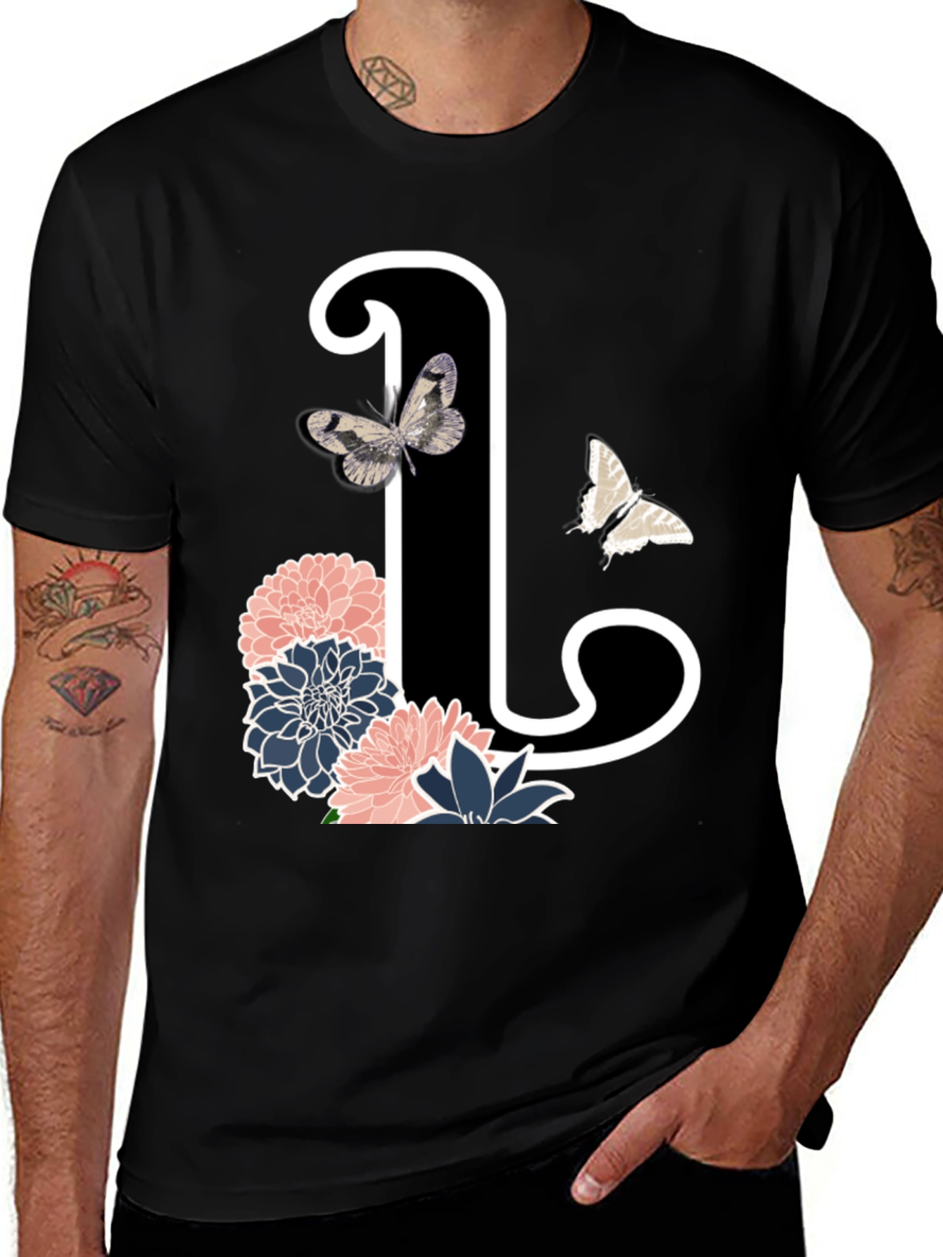 Black Floral Initial 'L' Black T-Shirt main image