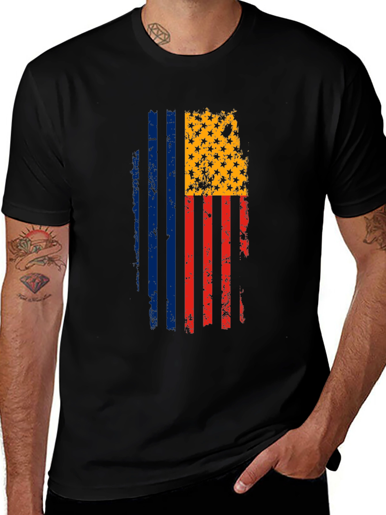 Distressed American Flag Graphic T-Shirt - Black