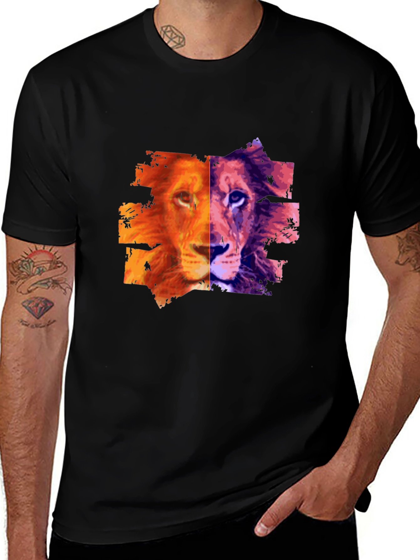 Variant 12 of Lion Split Face Graphic Print Black T-Shirt