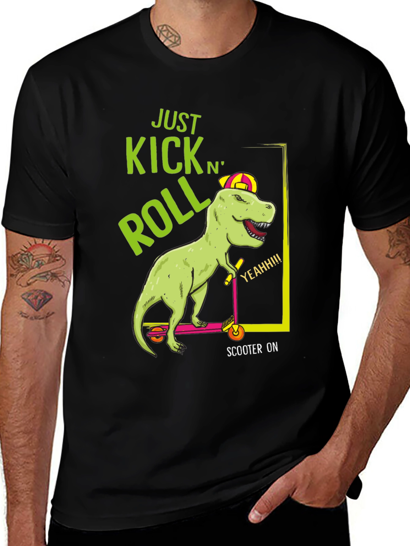 Variant 9 of Dino Scooter Ride Black T-Shirt - Kick N' Roll Style