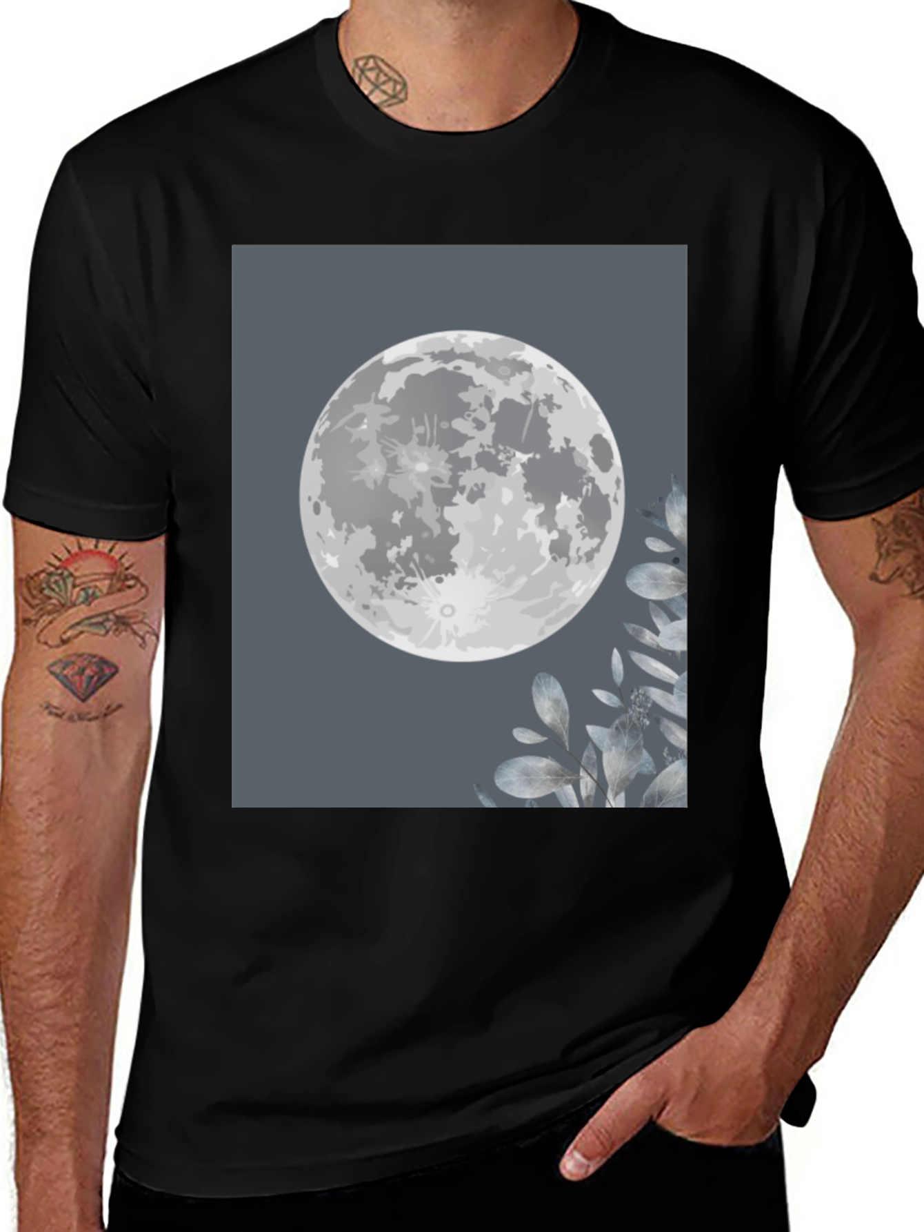 Variant 30 of Moon & Leaves Graphic Tee - Stylish Men's Black T-Shirt