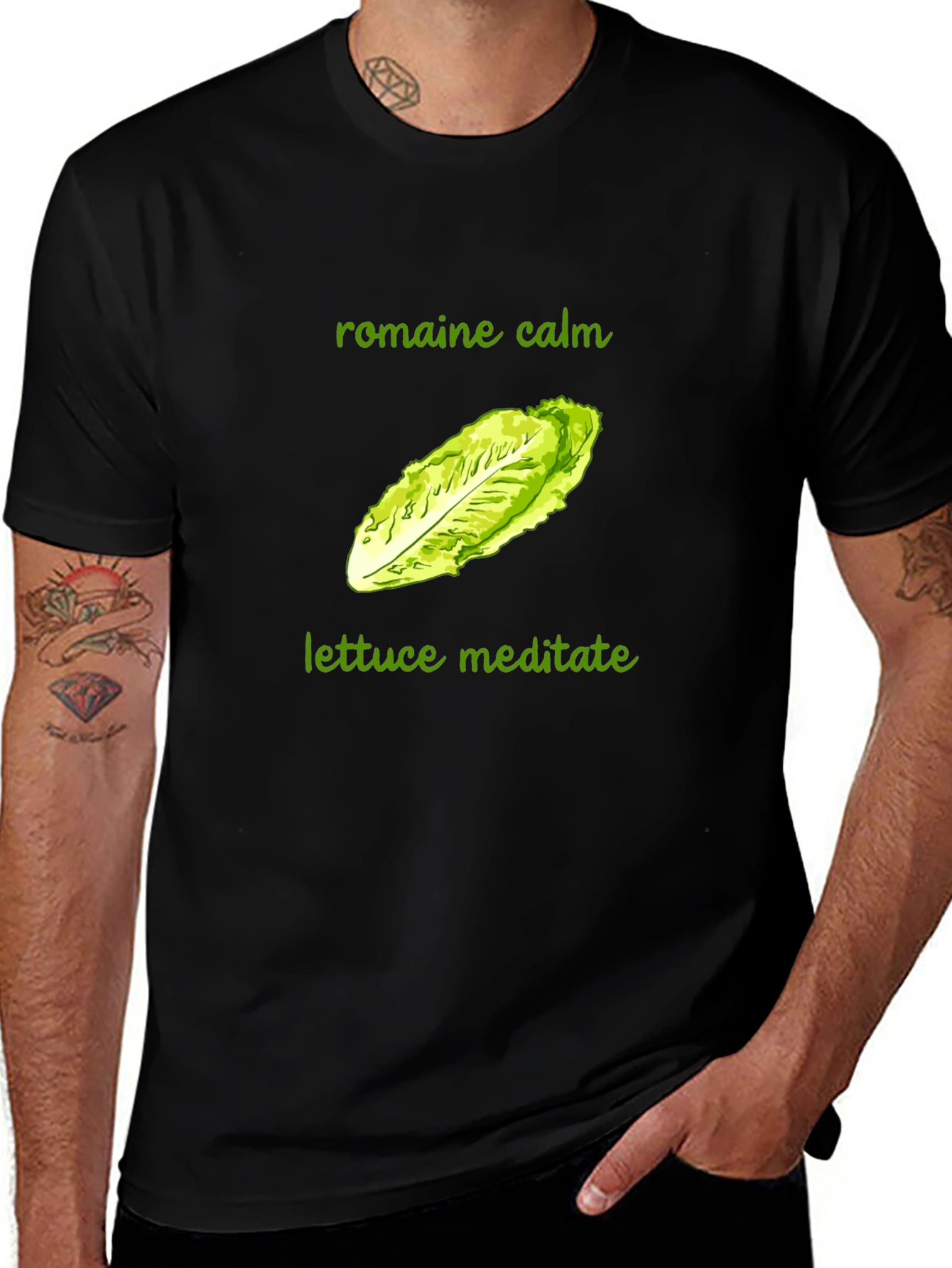 Variant 3 of Romaine Calm Lettuce Meditate T-Shirt - Black Cotton