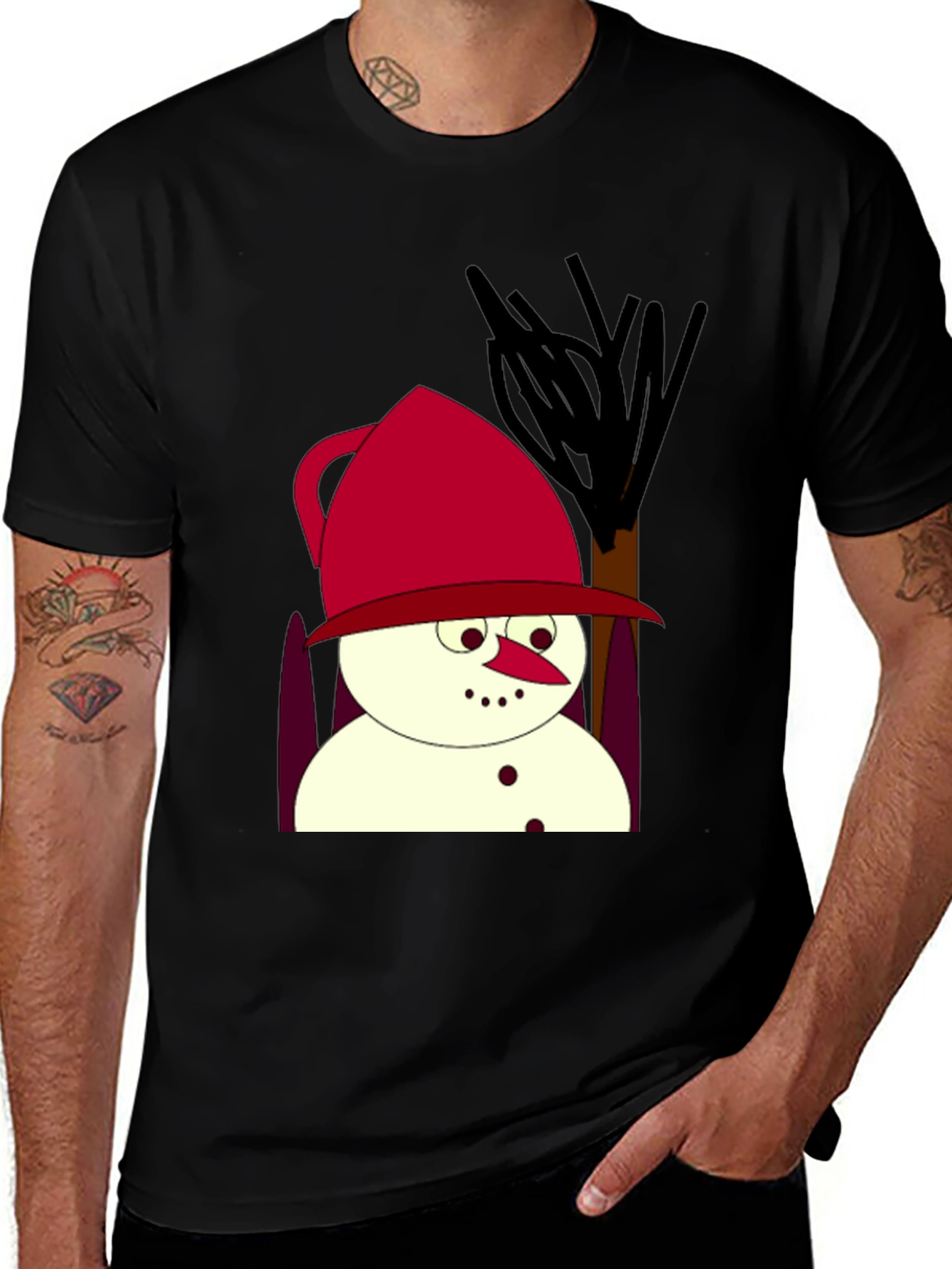 Variant 5 of Cartoon Snowman Black T-Shirt
