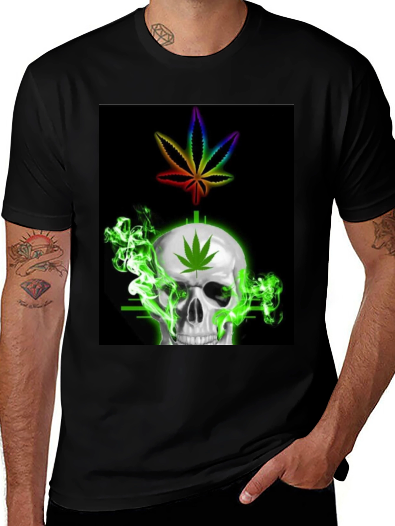 Variant 29 of Skull Cannabis Leaf Graphic Black T-Shirt