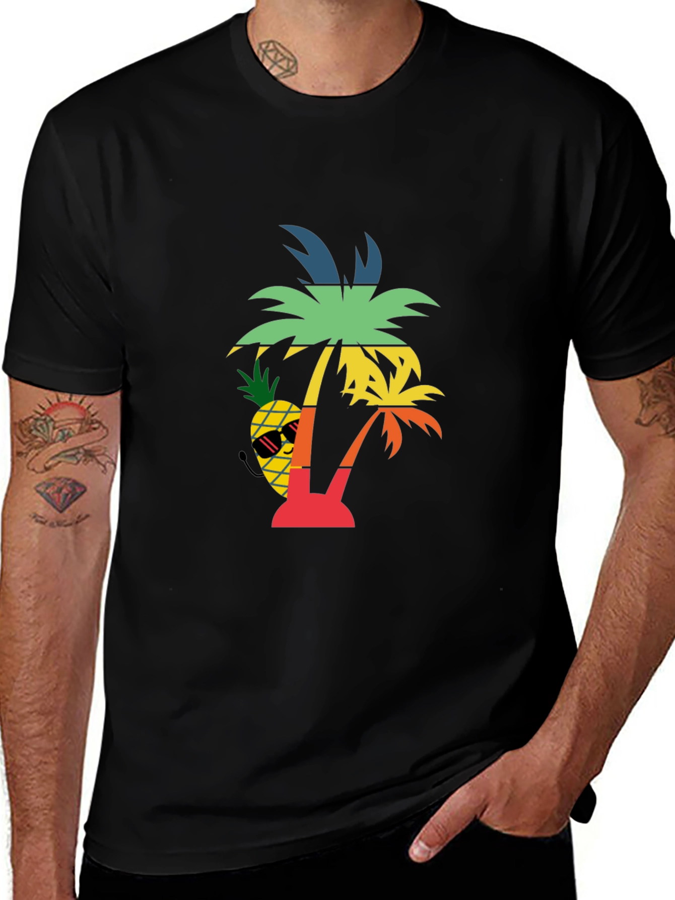 Variant 7 of Tropical Vibes Black T-Shirt with Pineapple & Palm Tree Design