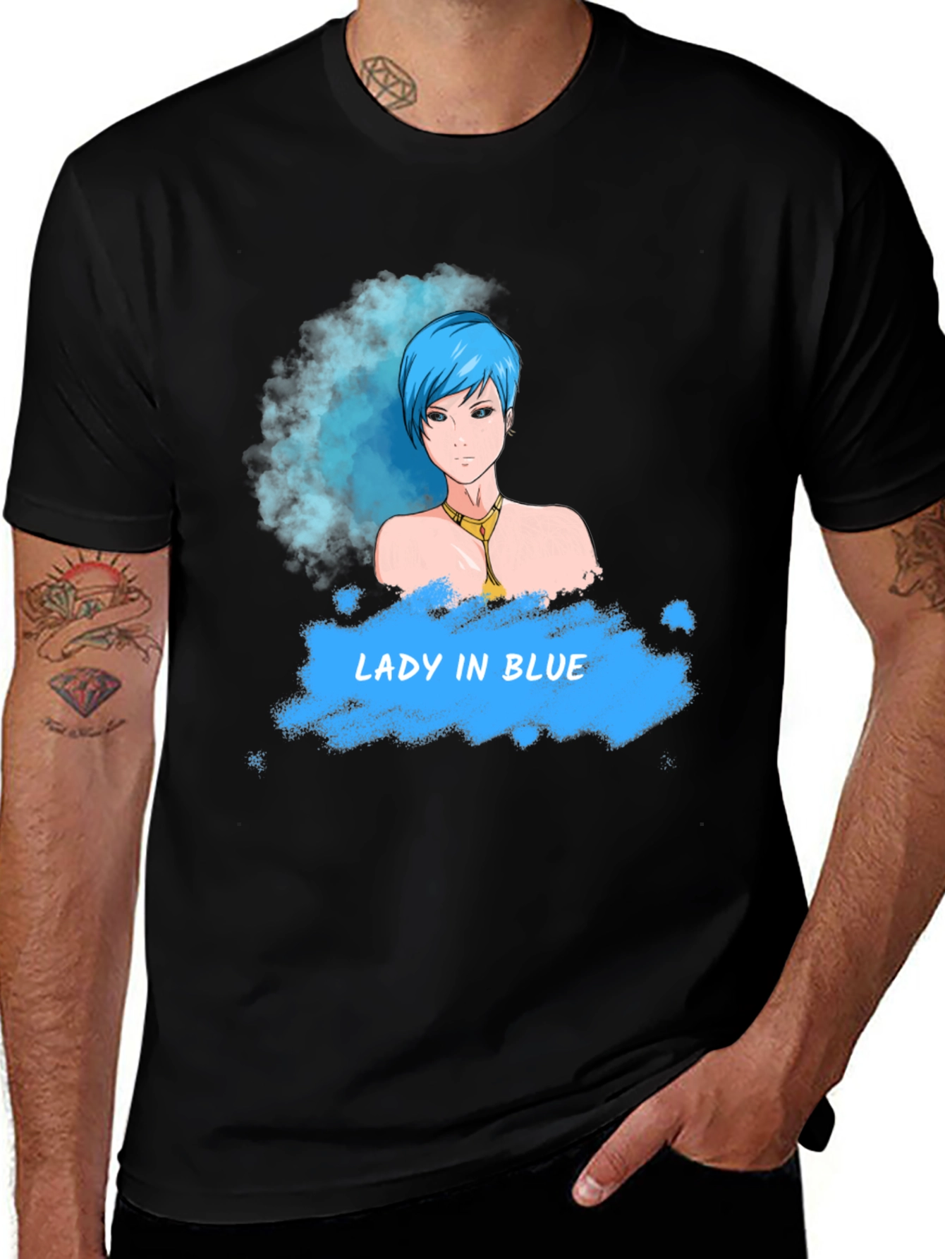 Lady in Blue T-Shirt - Unique Graphic Tee for Casual Wear