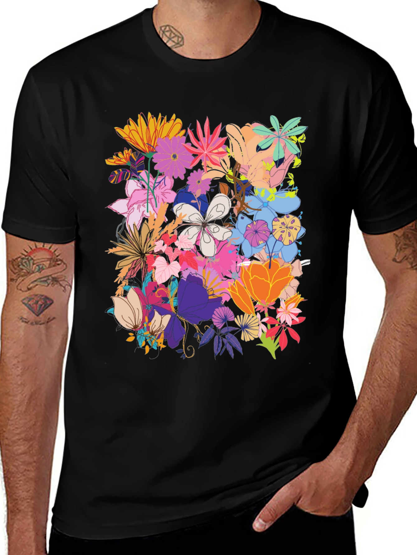 Variant 11 of Floral Print Graphic Tee - Black Cotton Blend T-Shirt