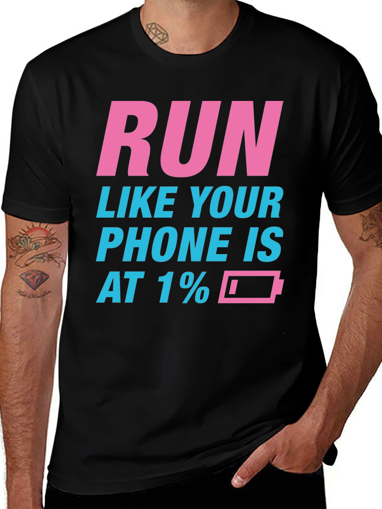 Black Run Like Your Phone is at 1% Funny Men's T-Shirt main image