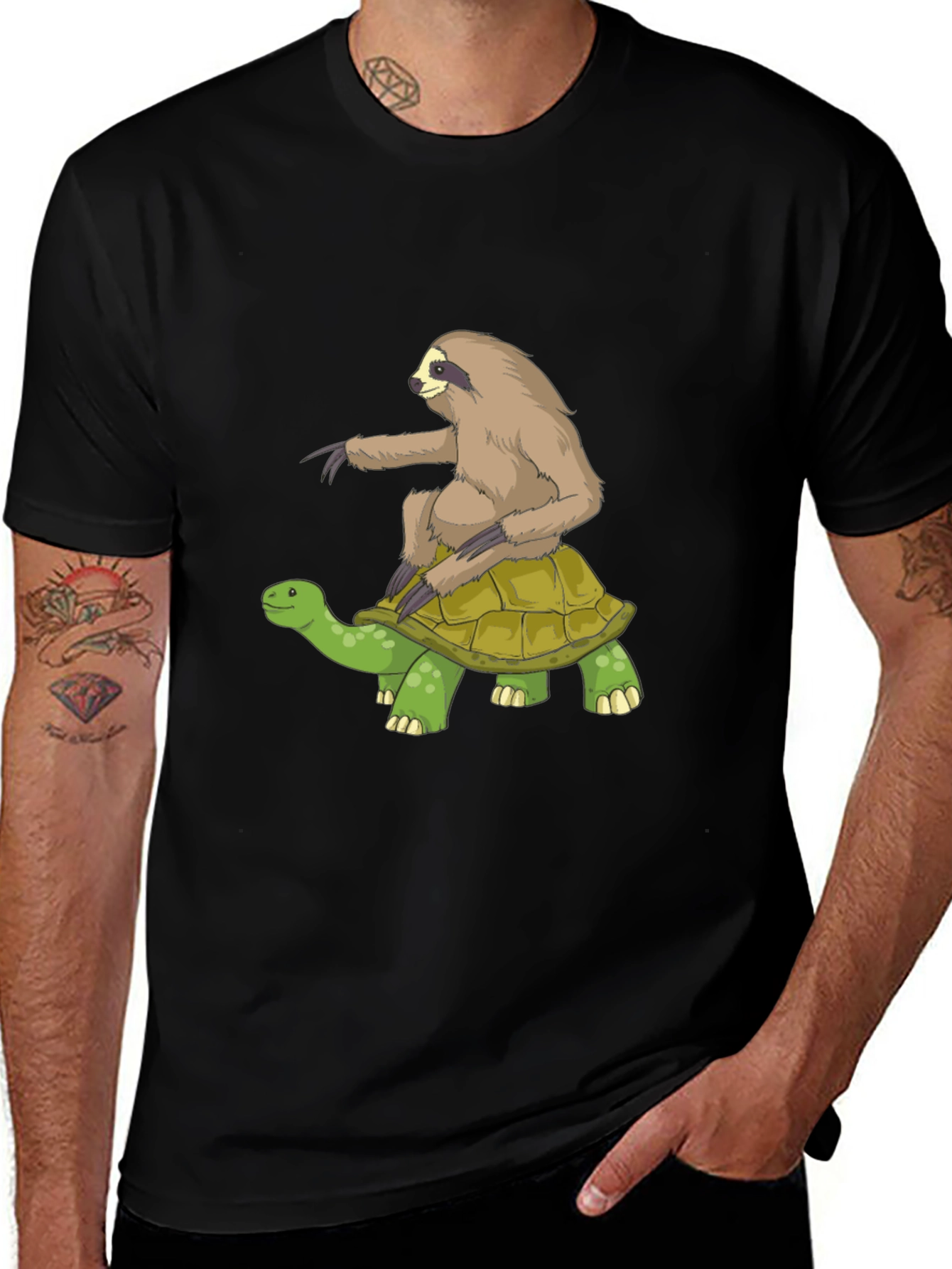 Variant 14 of Sloth Riding Turtle Graphic Tee - Black Cotton T-Shirt