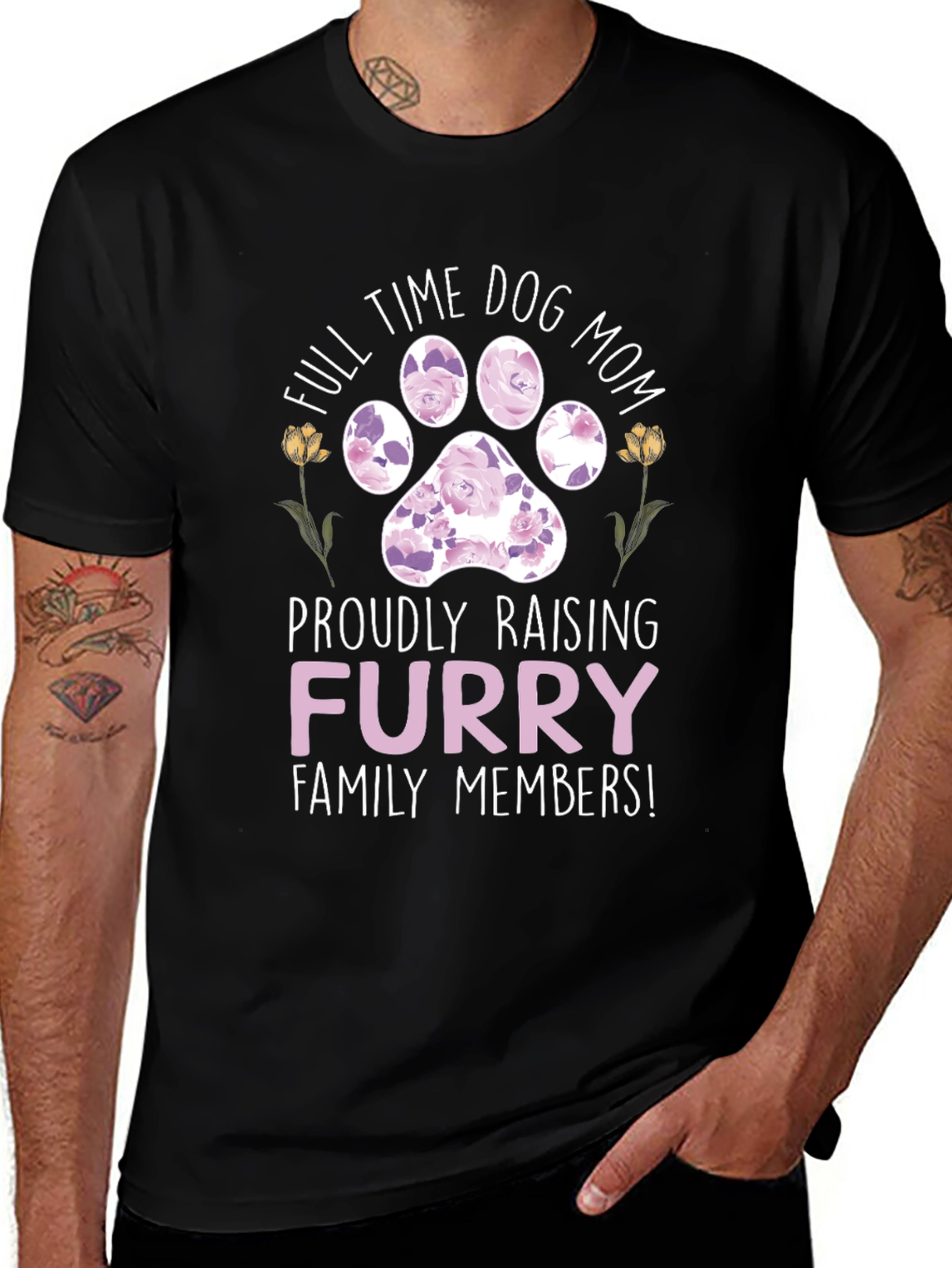 Variant 21 of Full Time Dog Mom Floral Paw Print T-Shirt