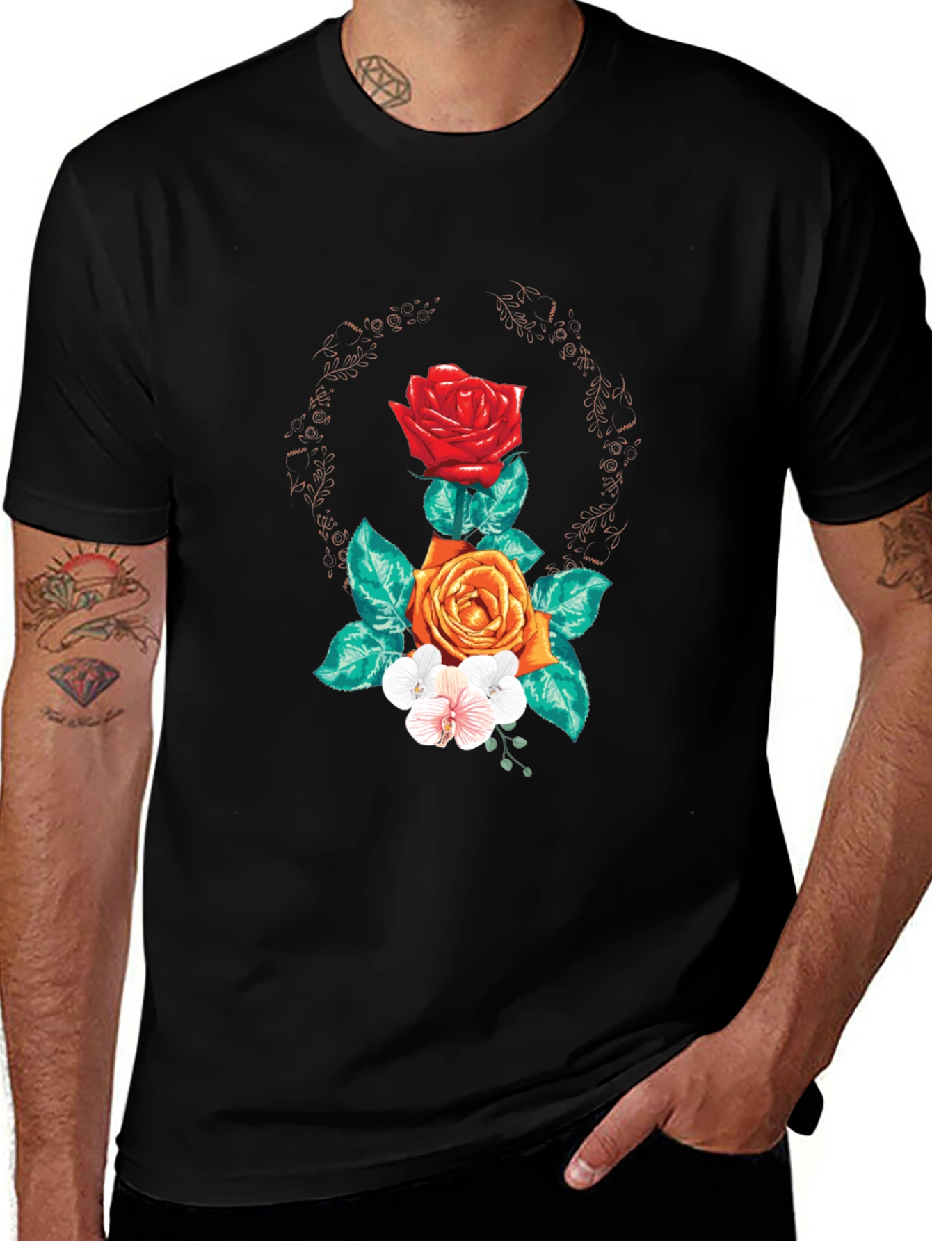 Variant 23 of Floral Rose Graphic T-Shirt - Stylish Men's Black Tee