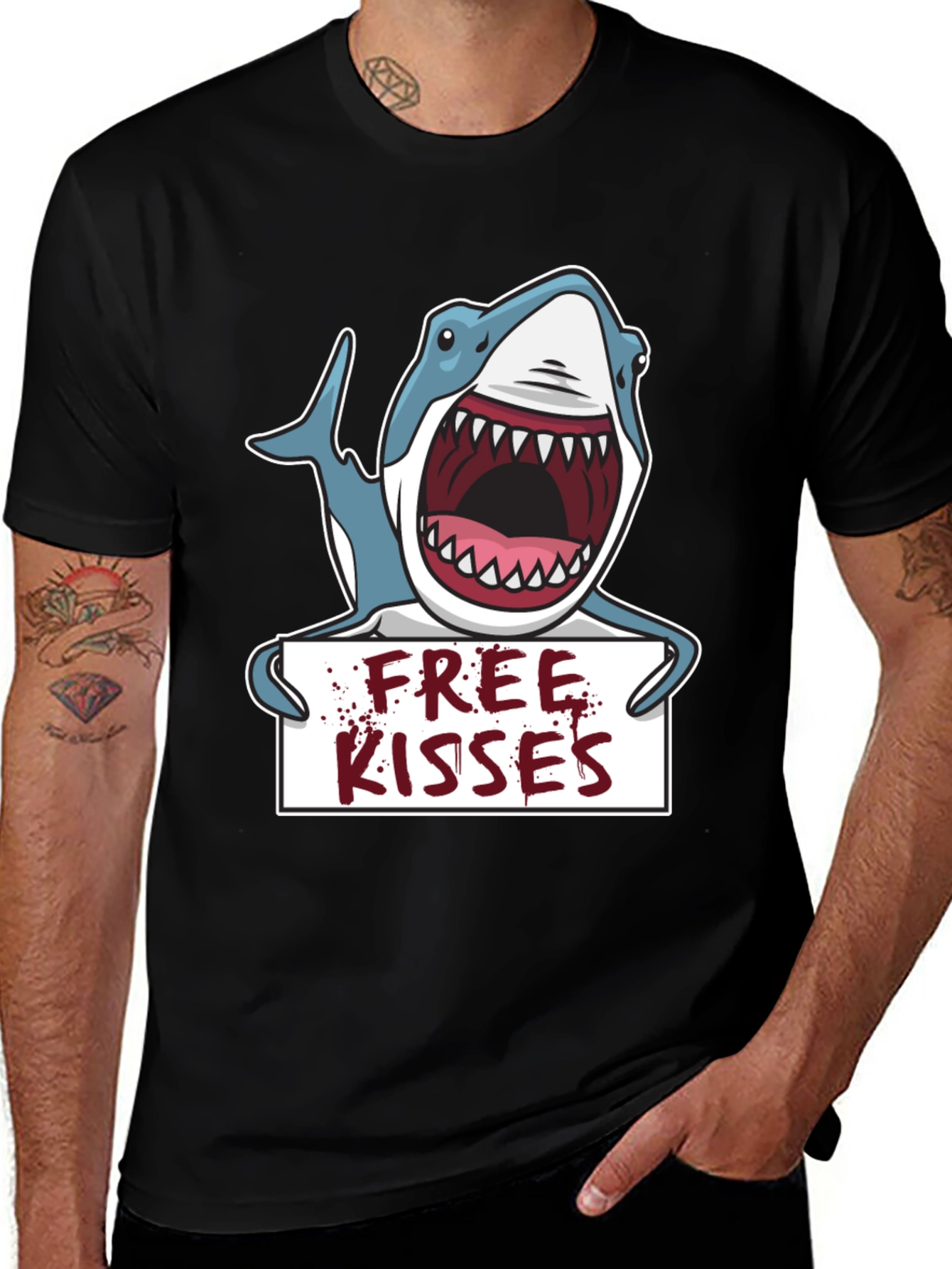 Free Kisses Shark Graphic Tee - Men's Black T-Shirt