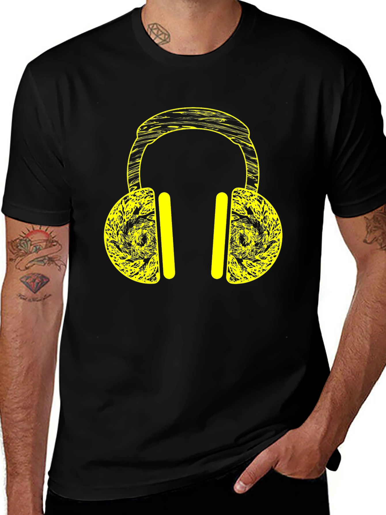 Variant 8 of Black T-Shirt with Yellow Headphone Graphic Print