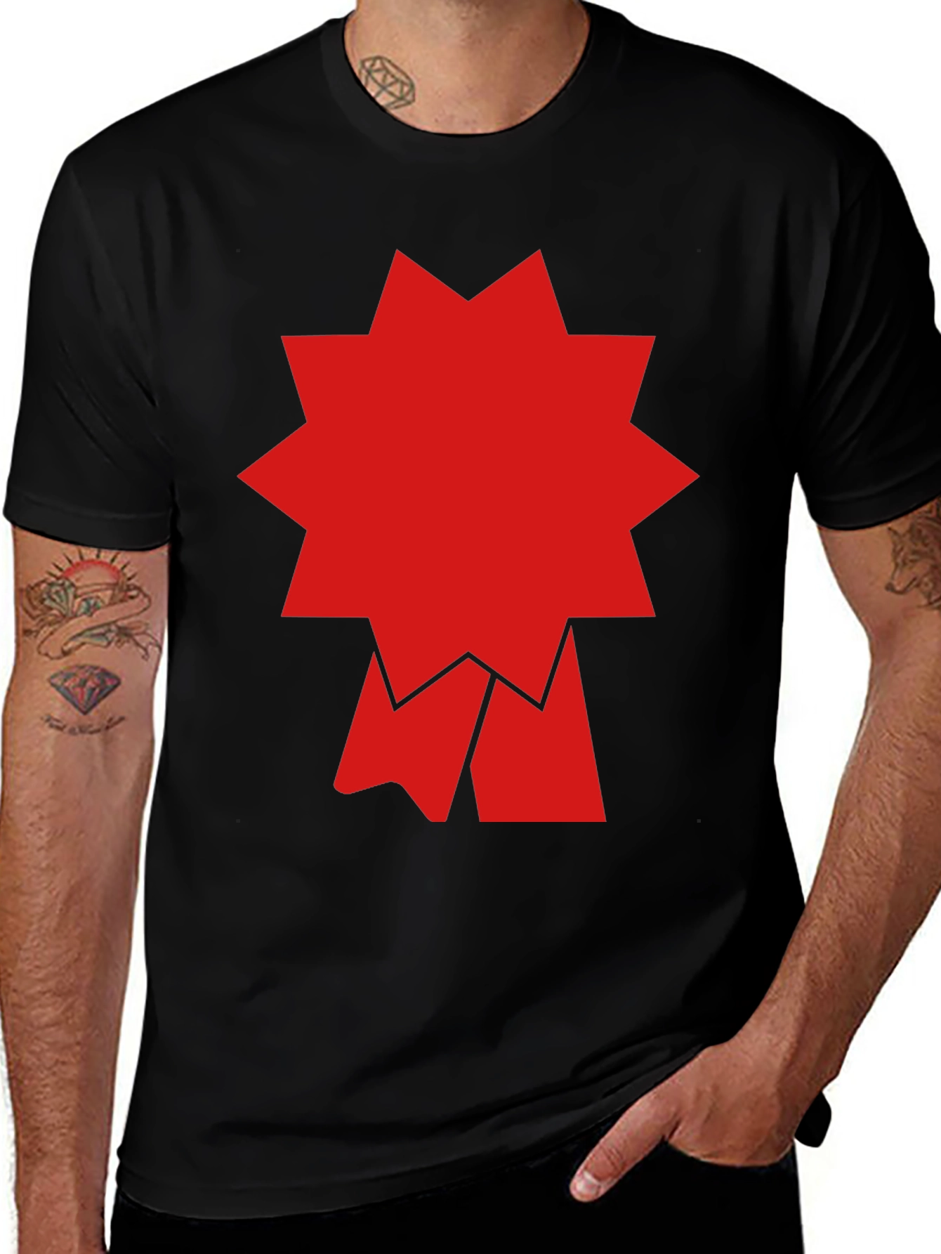 Variant 12 of Bold Graphic Tee: Red Starburst Design, Black Cotton T-Shirt