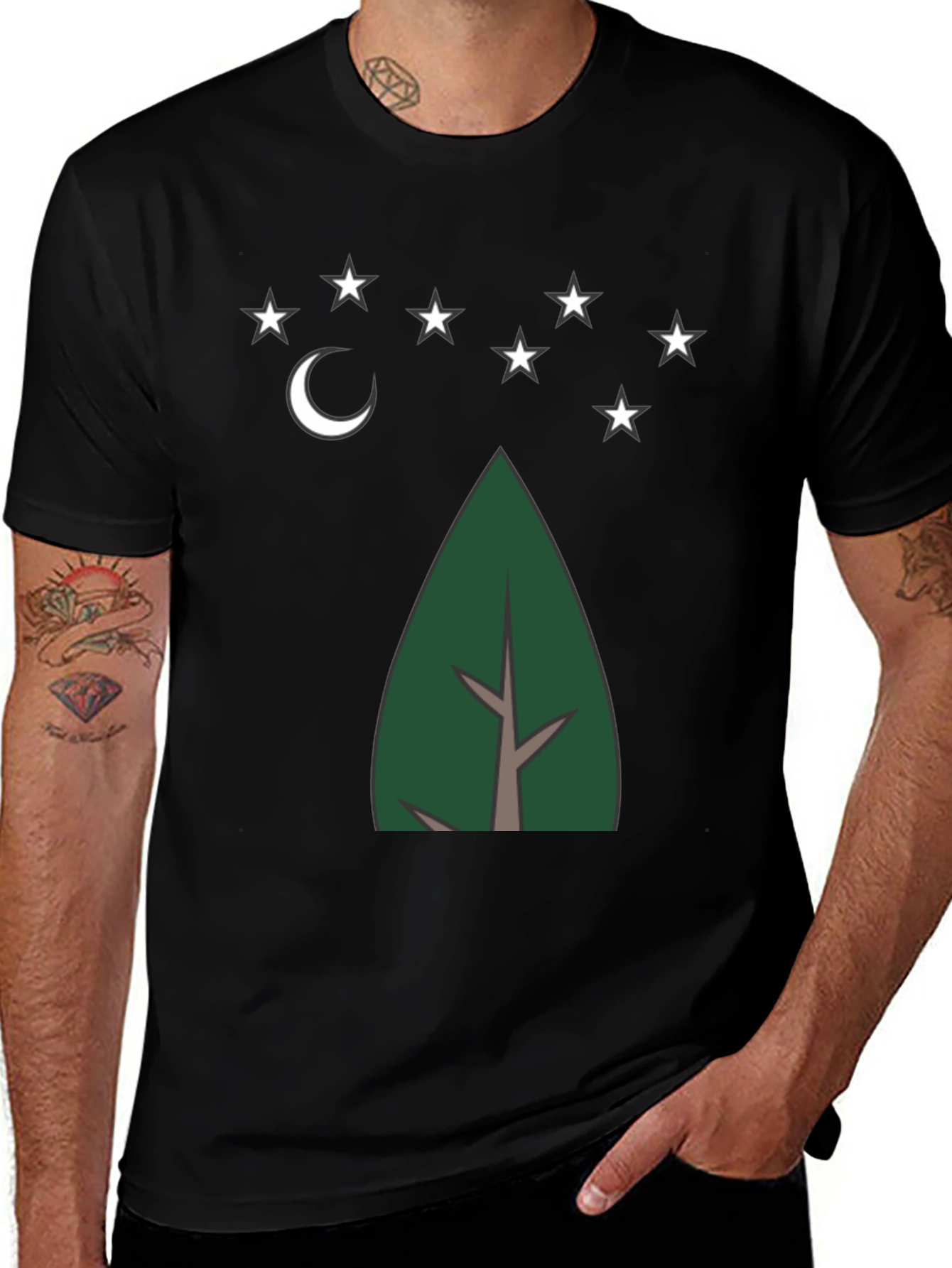 Black Nature's Night Tee - Tree, Moon, and Stars Design main image