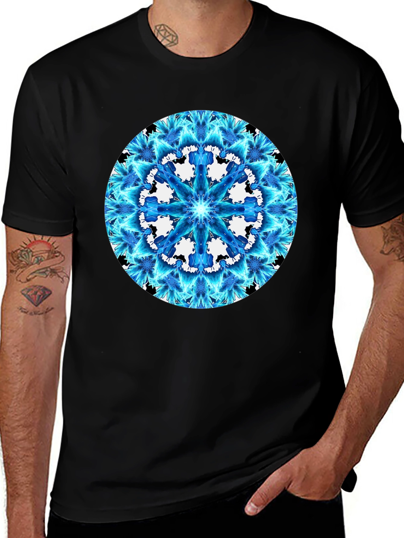 Variant 26 of Abstract Blue Mandala Graphic Print Black T-Shirt