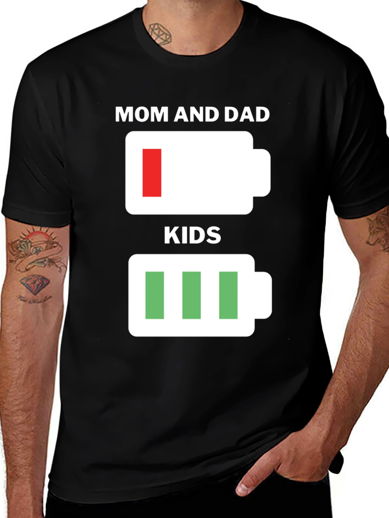 Variant 28 of Funny Mom & Dad Low Battery, Kids Full Battery Black T-Shirt