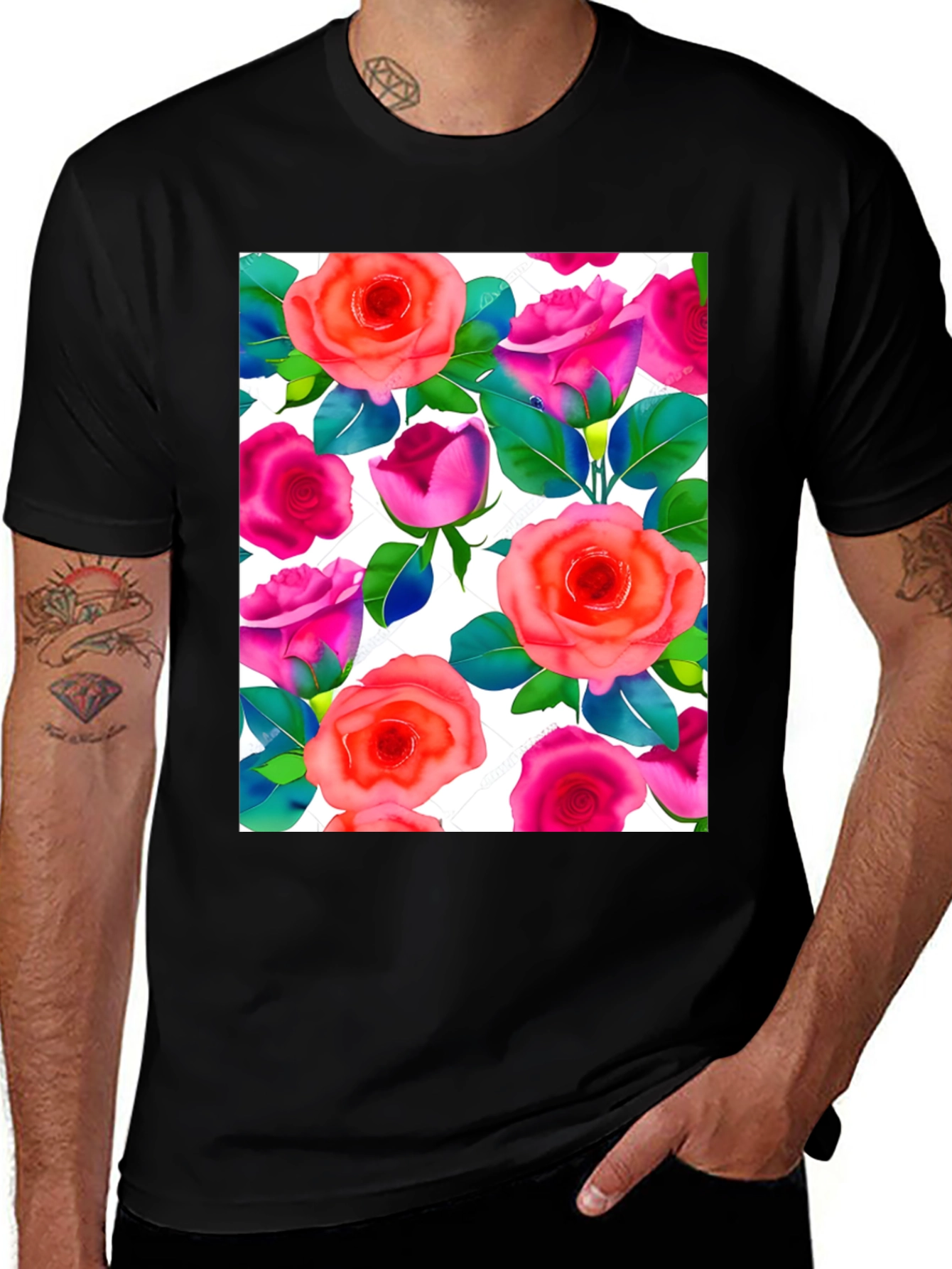 Variant 5 of Floral Print T-Shirt - Vibrant Rose Pattern