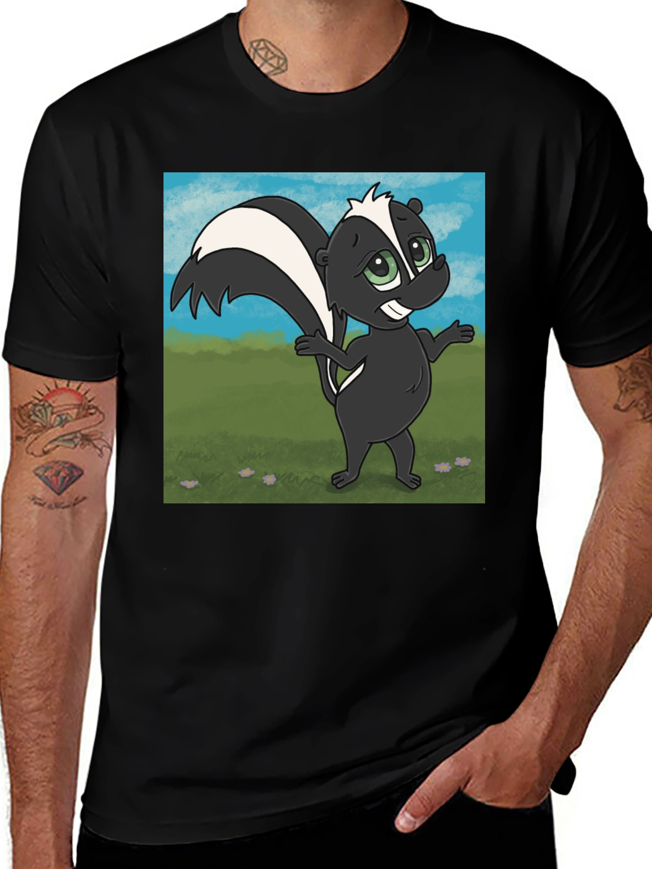 Variant 11 of Skunk Cartoon Graphic Tee - Classic Black Cotton T-Shirt