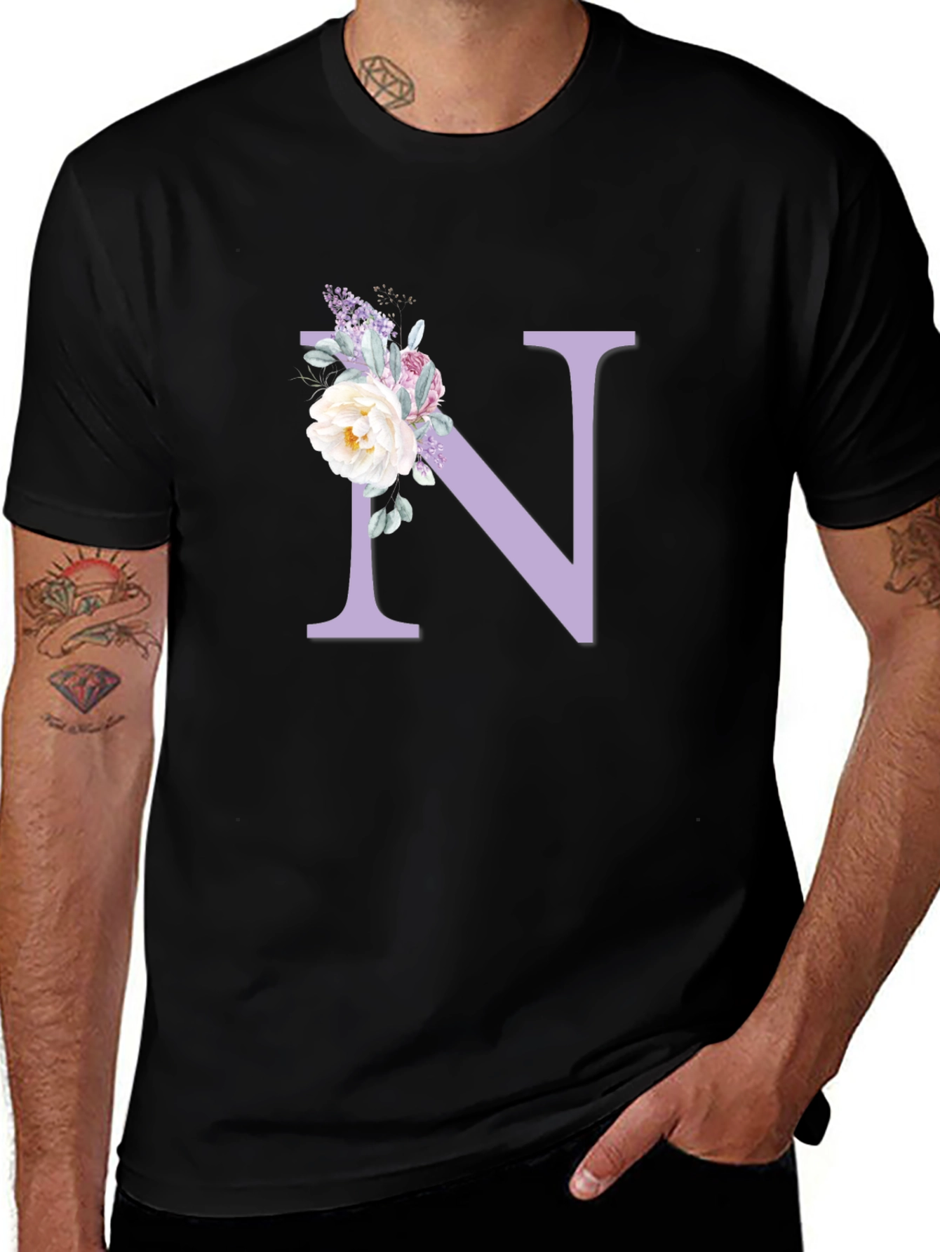 Variant 4 of Floral Letter N Black T-Shirt