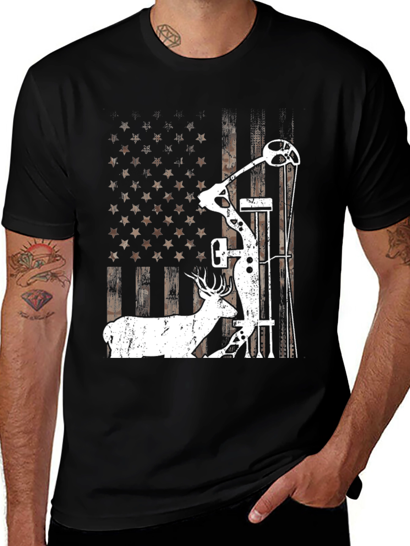 Deer Hunting Bow and Arrow USA Flag Graphic Tee